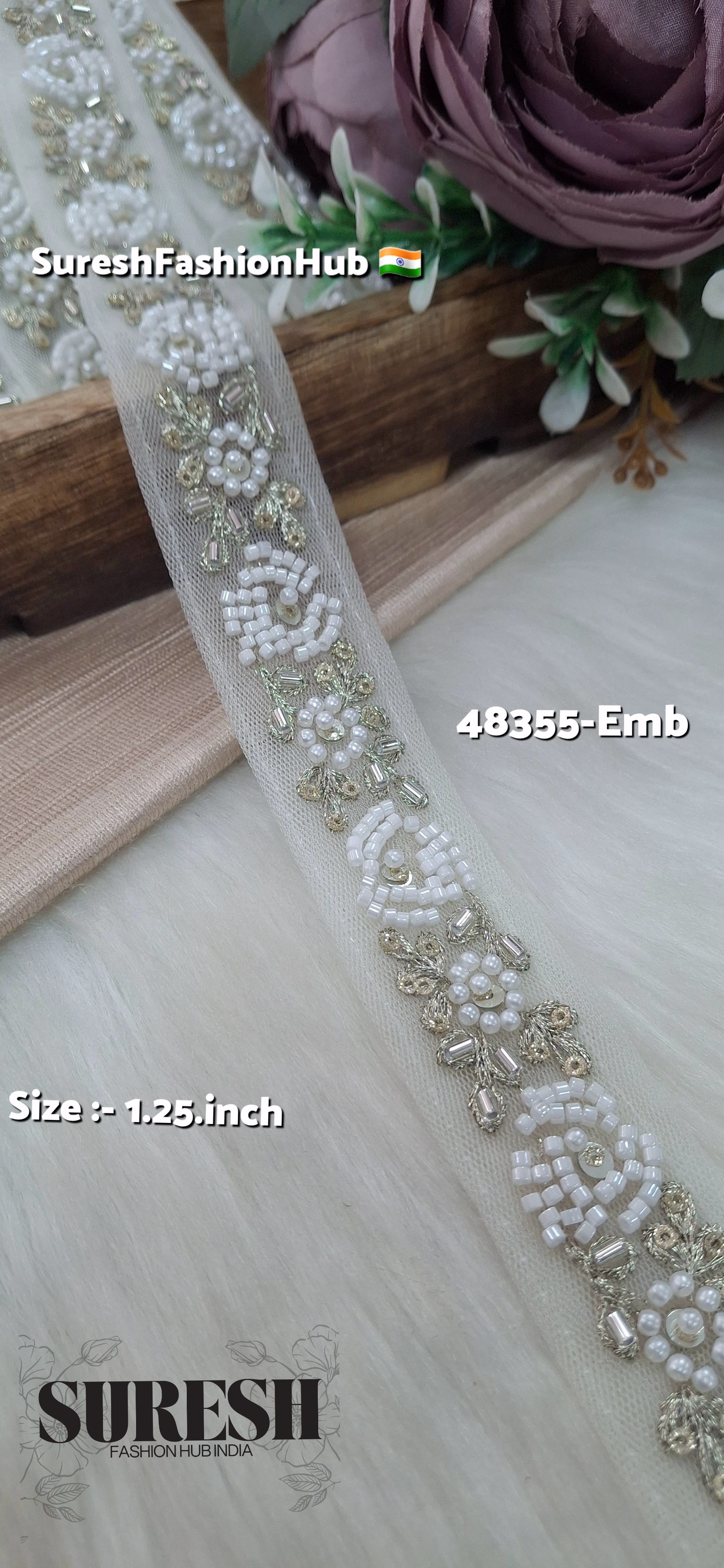 Offwhite Beaded Bloom Net Embroidered Lace