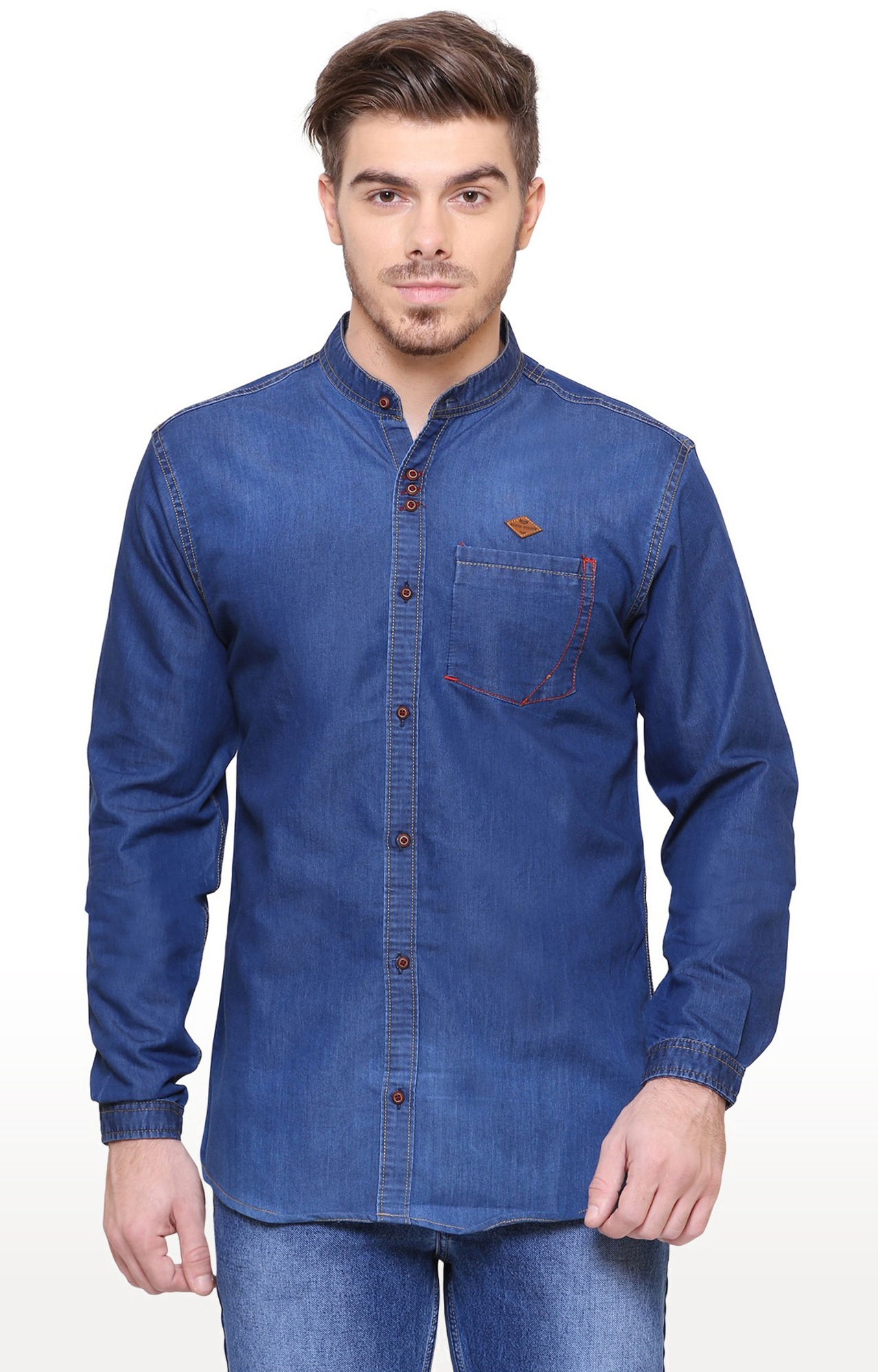 Kuons Avenue Men's Denimax Wash Mandarin Collar Casual Shirt