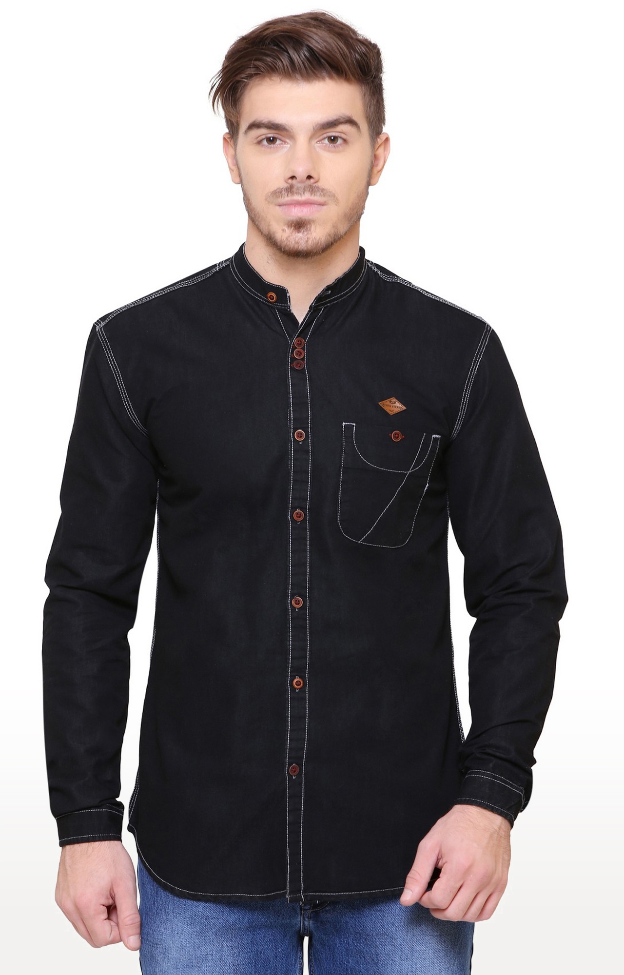 Kuons Avenue Men's Black Mandarin Collar Denim Shirt
