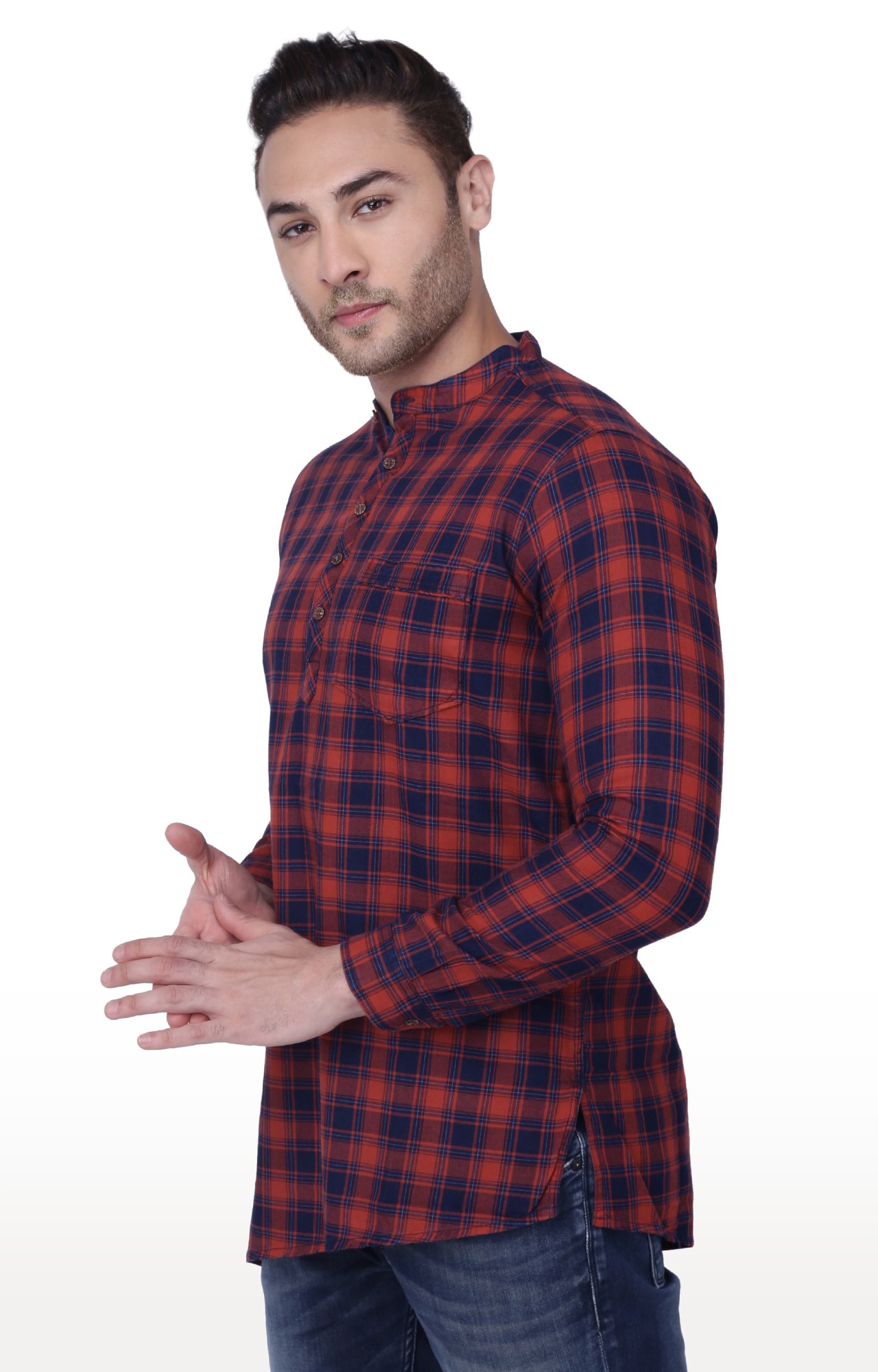 Kuons Avenue Men's Red and Indigo Checks Kurta-KACLFS1329