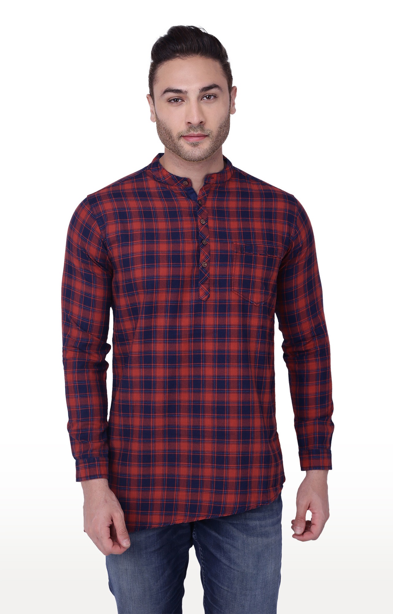 Kuons Avenue Men's Red and Indigo Checks Kurta-KACLFS1329