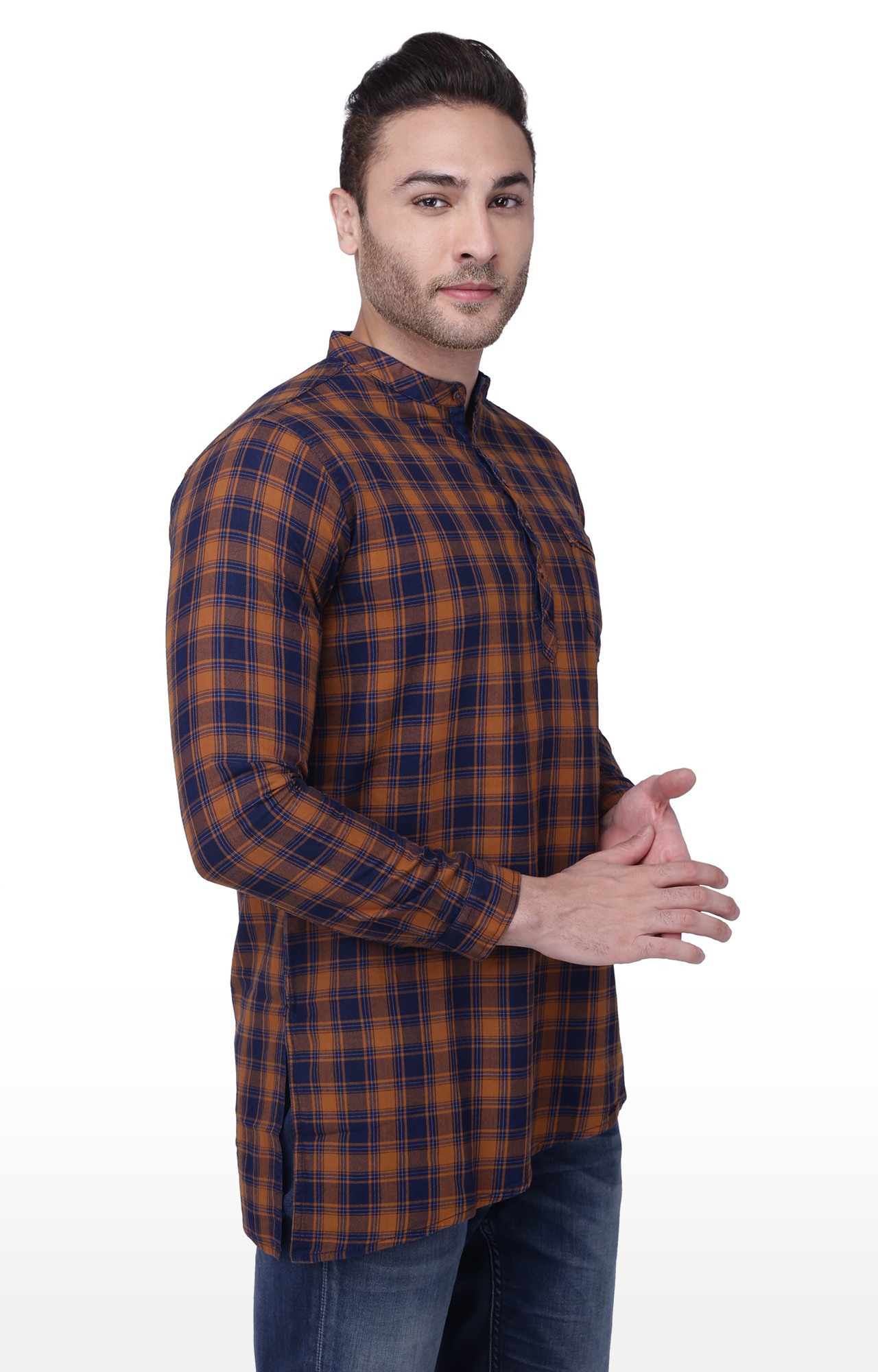 Kuons Avenue Men's Mustard and Indigo Checks Kurta-KACLFS1330