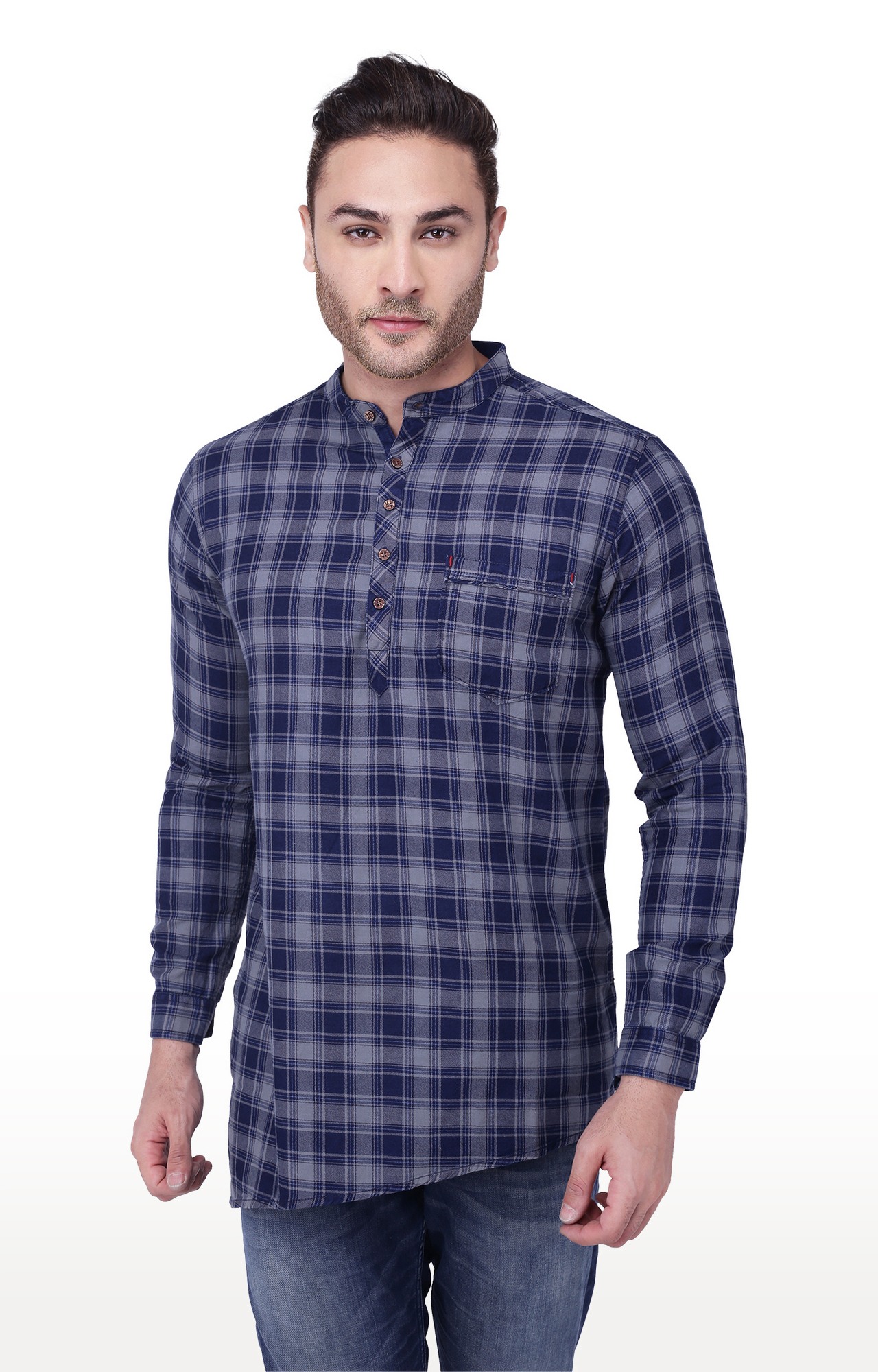 Kuons Avenue Men's Grey and Indigo Checks Kurta-KACLFS1331