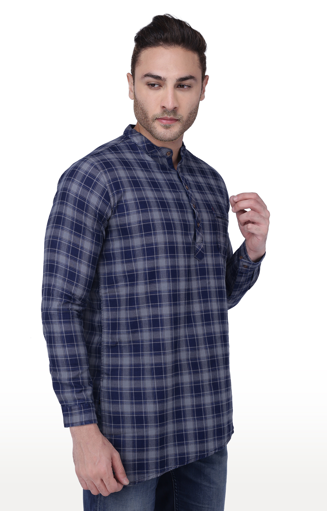 Kuons Avenue Men's Grey and Indigo Checks Kurta-KACLFS1331