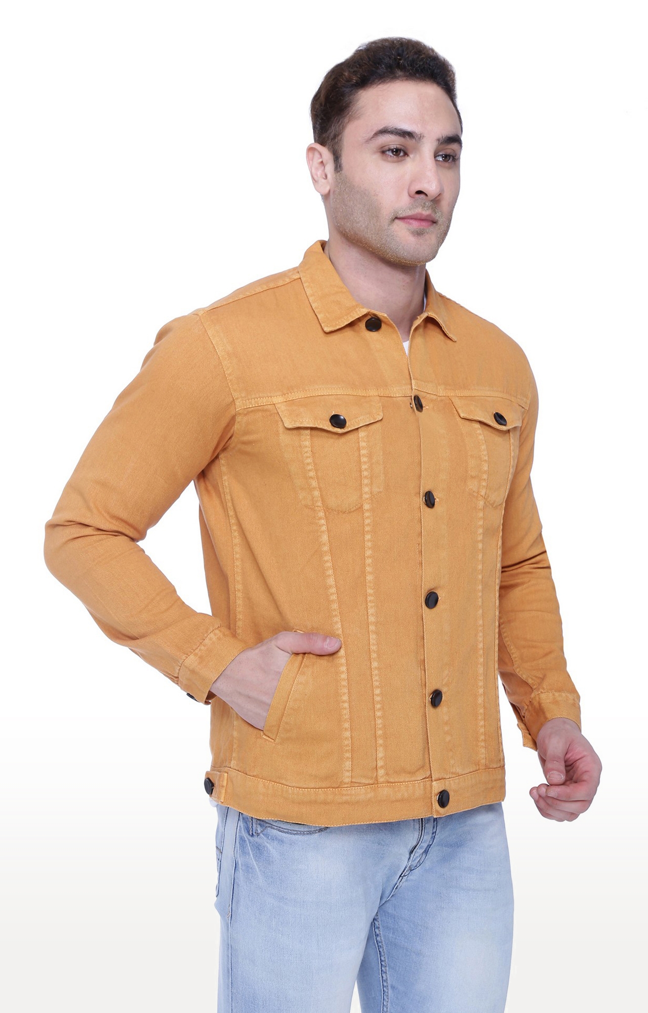 Buy tbase Men Mustard Cotton Solid Trucker Jacket for Men Online India