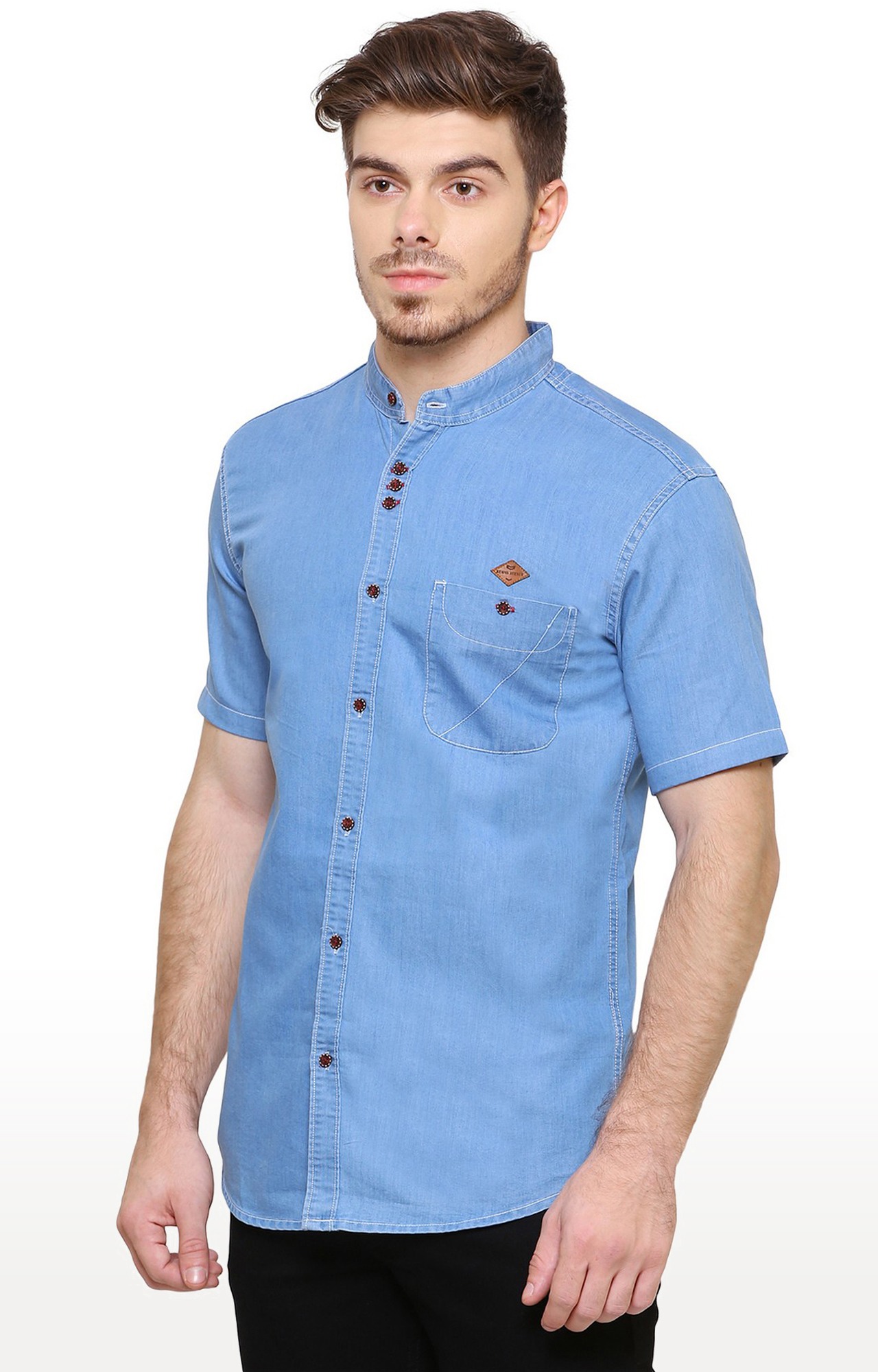 Kuons Avenue Men's Icewash Blue Half Sleeve Denim Shirt