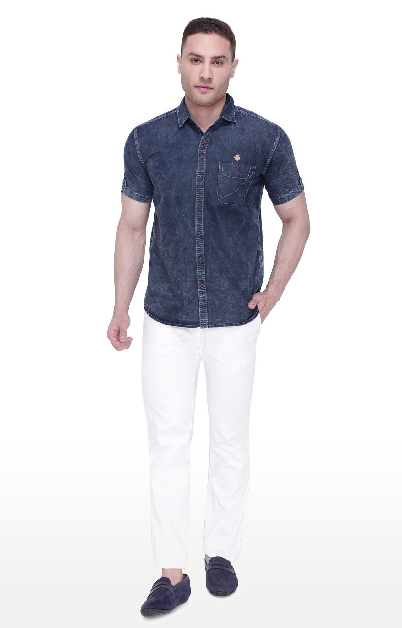 Kuons Avenue Men's Blue Cloud Half Sleeve Denim Shirt