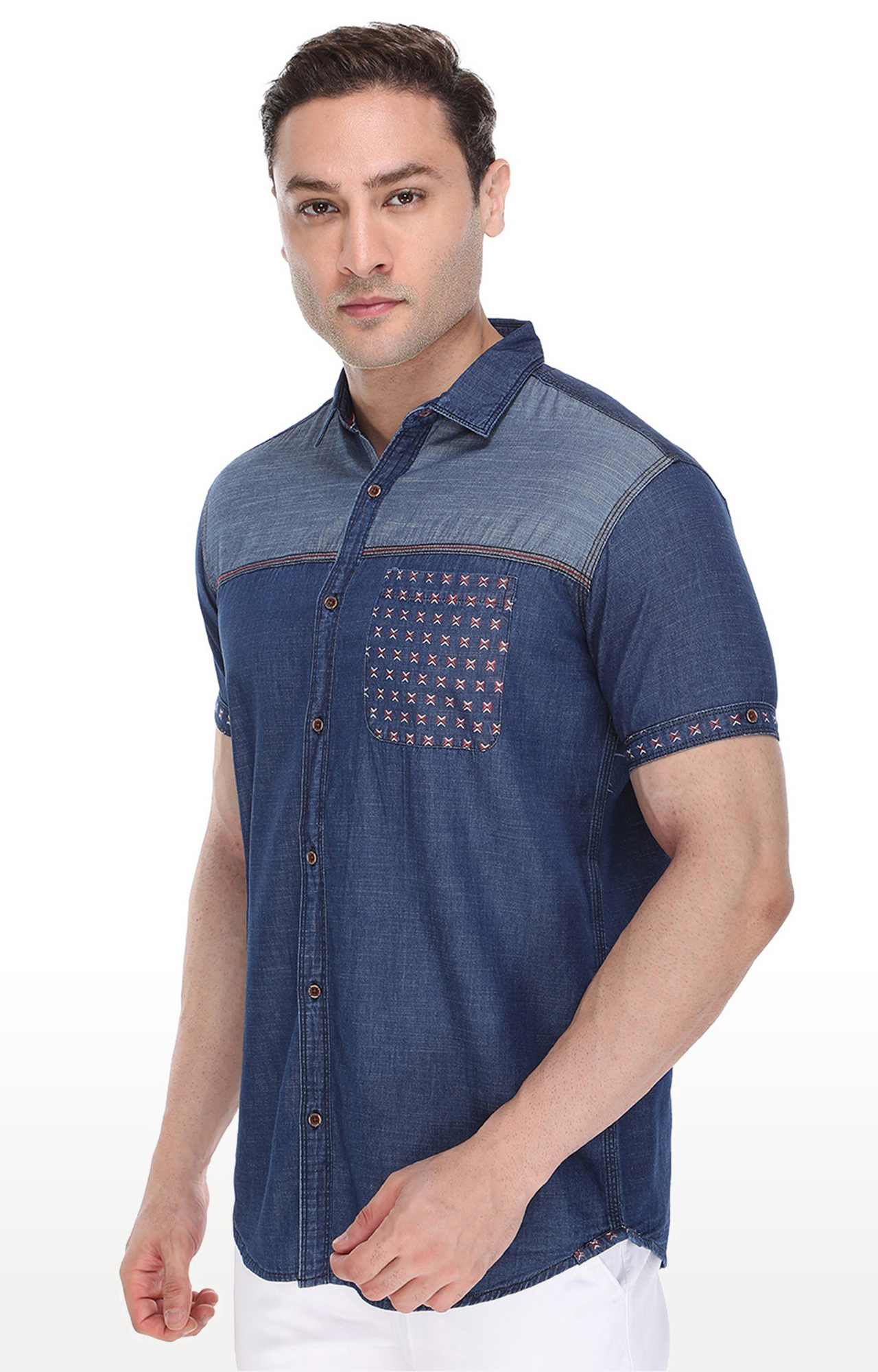 Kuons Avenue Men's Carbon Blue Half Sleeve Denim Shirt