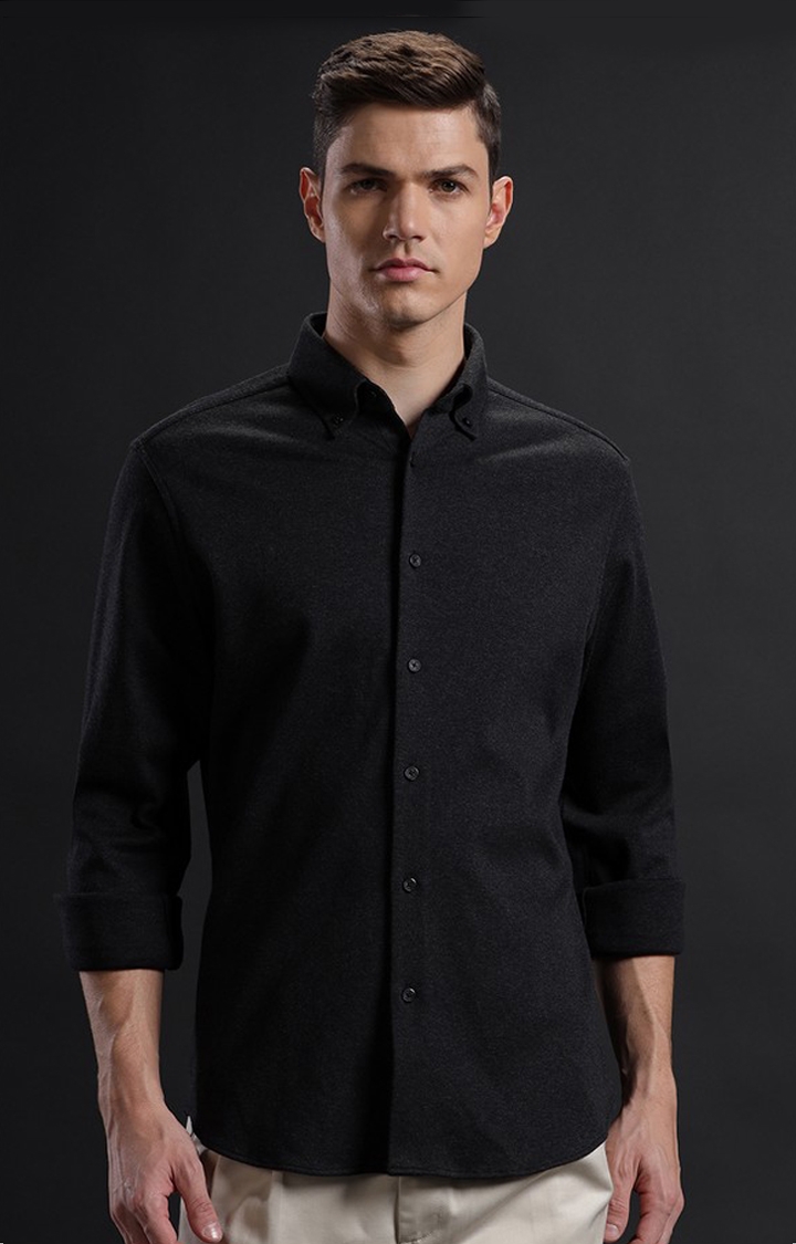 Aldeno | Men's Black Cotton Melange Casual Shirt