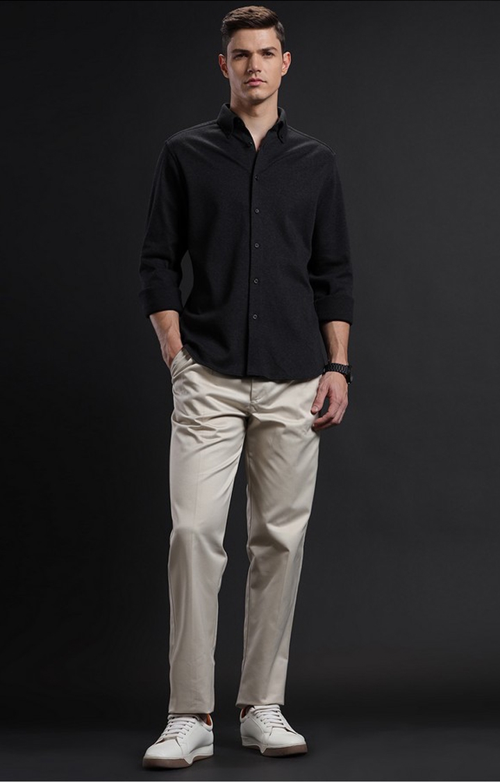 Men's Black Cotton Melange Casual Shirt