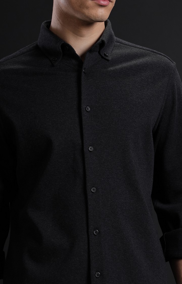 Men's Black Cotton Melange Casual Shirt