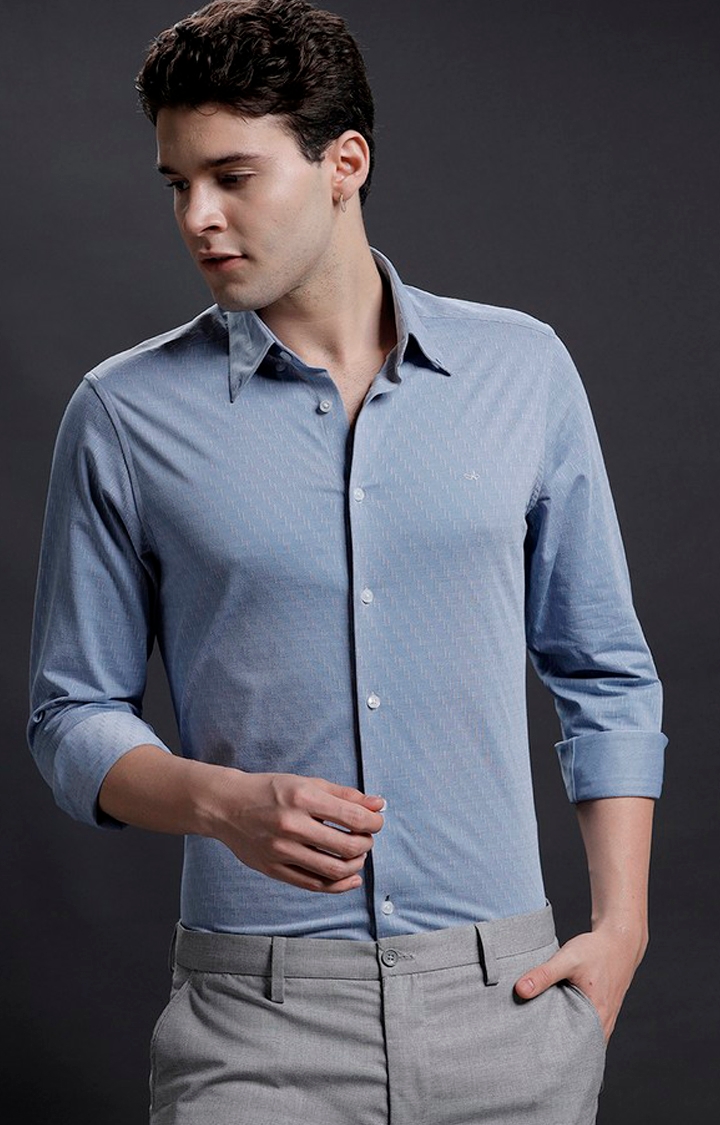 Men's Blue Cotton Textured Formal Shirt
