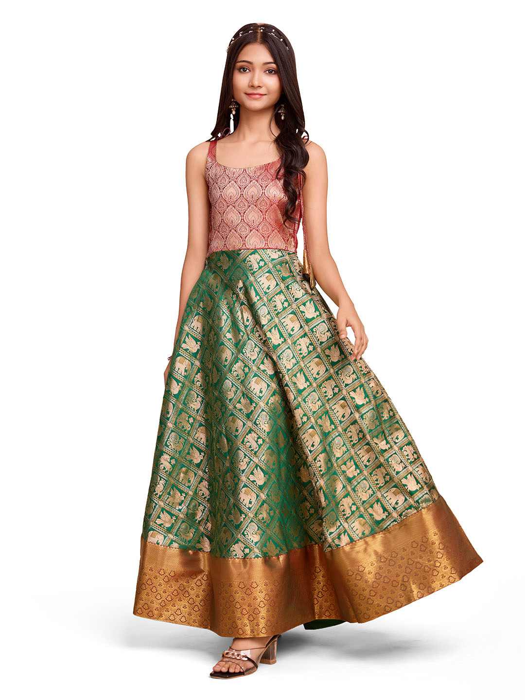 Tasarika Kids GREEN color Silk Sleeveless ethnic dress KAJAL_GREEN