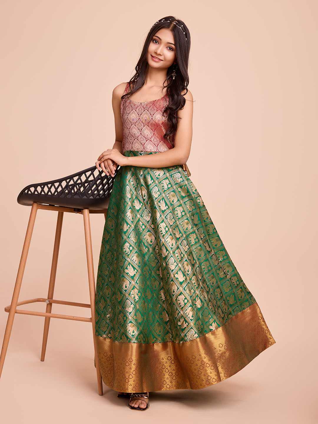 Tasarika Kids GREEN color Silk Sleeveless ethnic dress KAJAL_GREEN