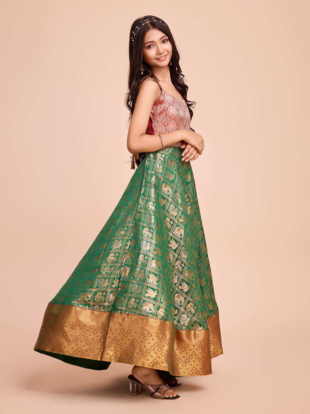 Tasarika Kids GREEN color Silk Sleeveless ethnic dress KAJAL_GREEN