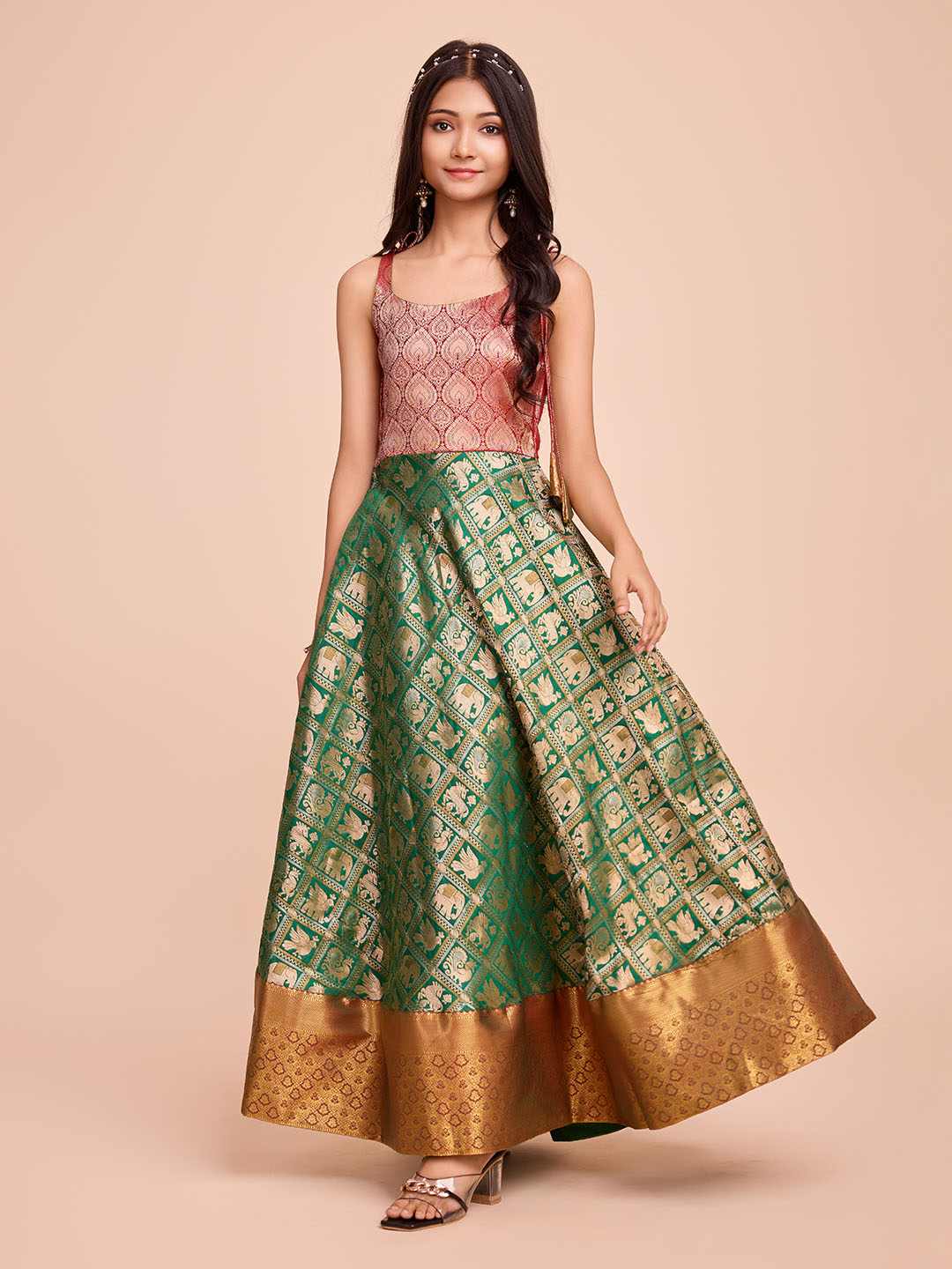 Tasarika Kids GREEN color Silk Sleeveless ethnic dress KAJAL_GREEN