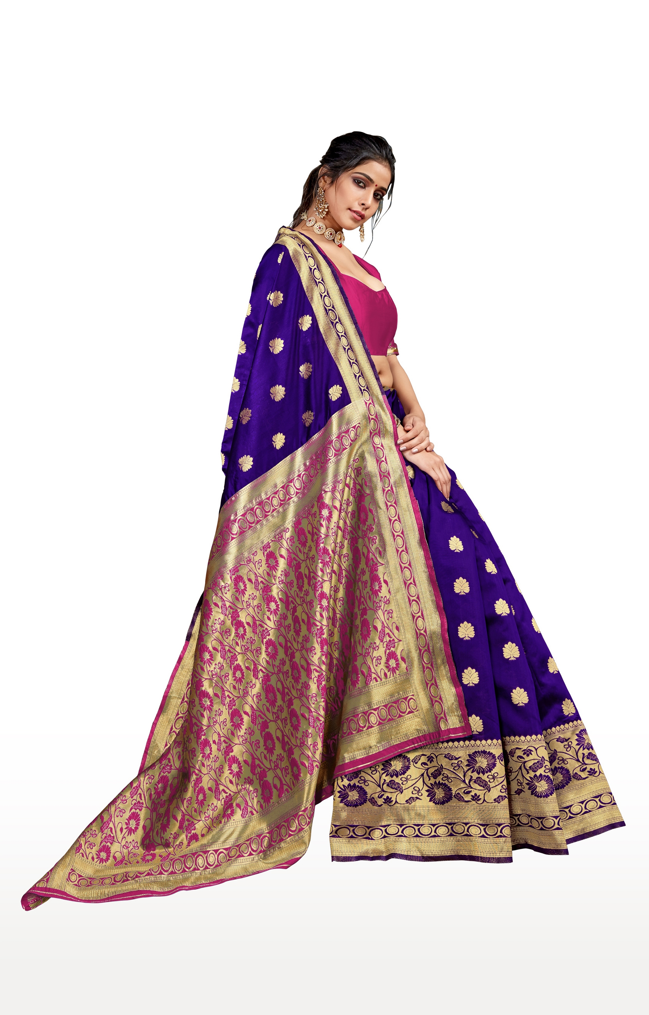 Glemora | Glemora Blue and Pink Lichi Cotton Kalpana Saree With Unstitched Blouse 1