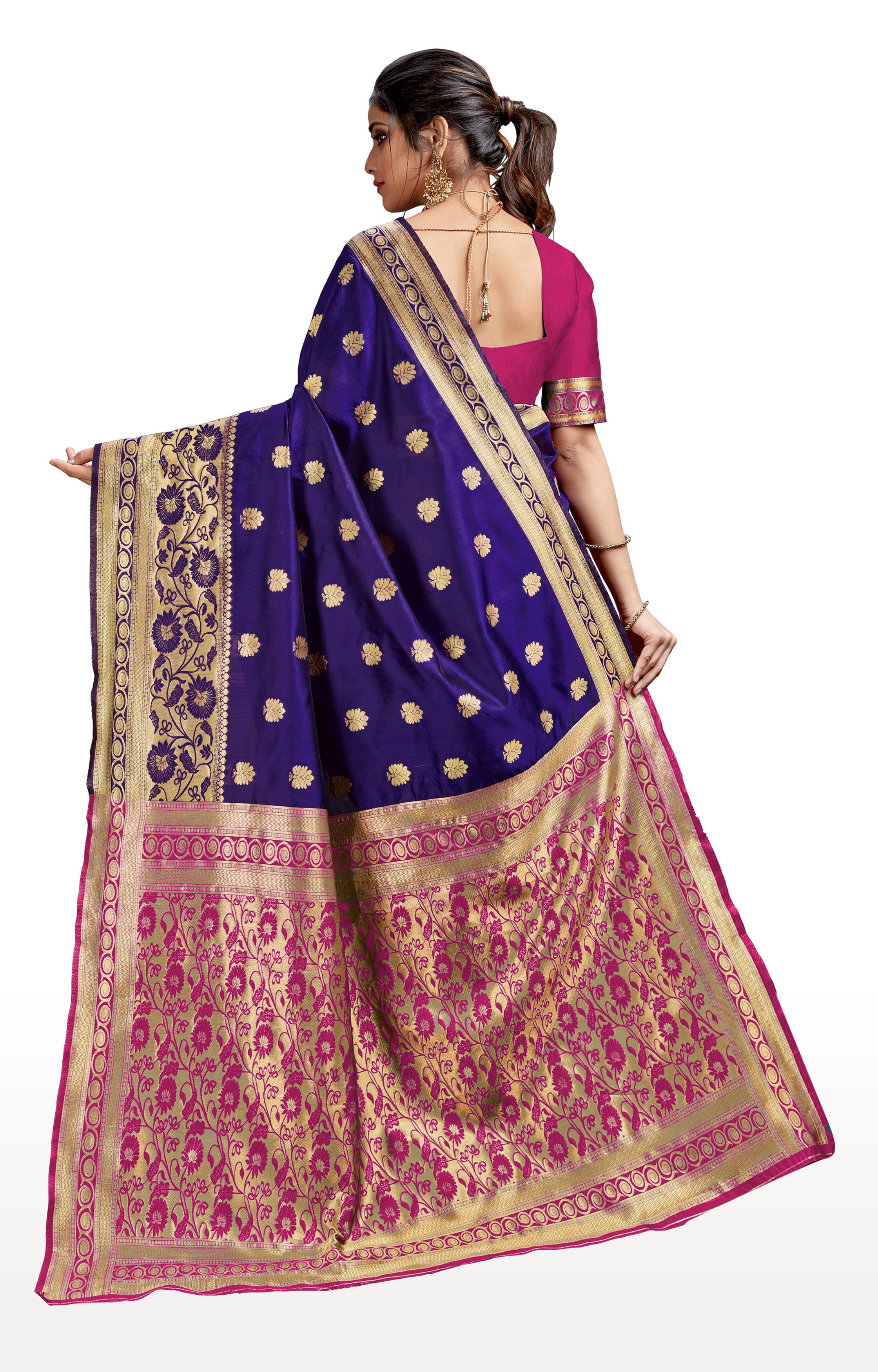 Glemora | Glemora Blue and Pink Lichi Cotton Kalpana Saree With Unstitched Blouse 3