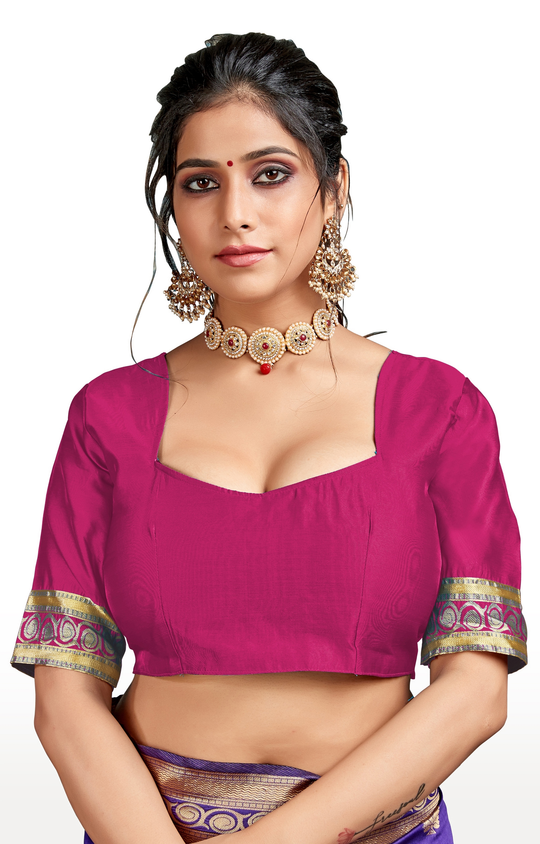 Glemora | Glemora Blue and Pink Lichi Cotton Kalpana Saree With Unstitched Blouse 5