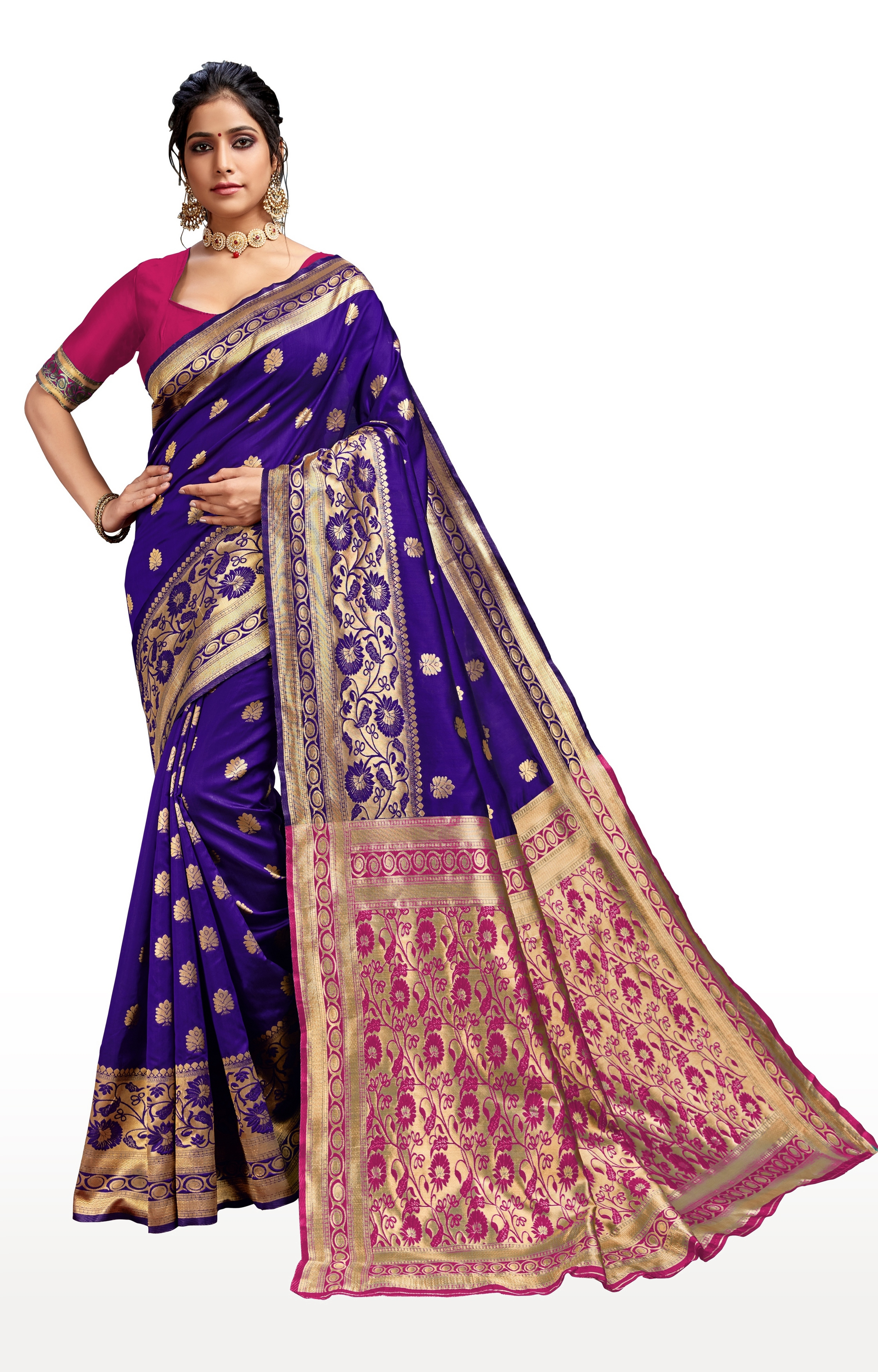 Glemora | Glemora Blue and Pink Lichi Cotton Kalpana Saree With Unstitched Blouse 0
