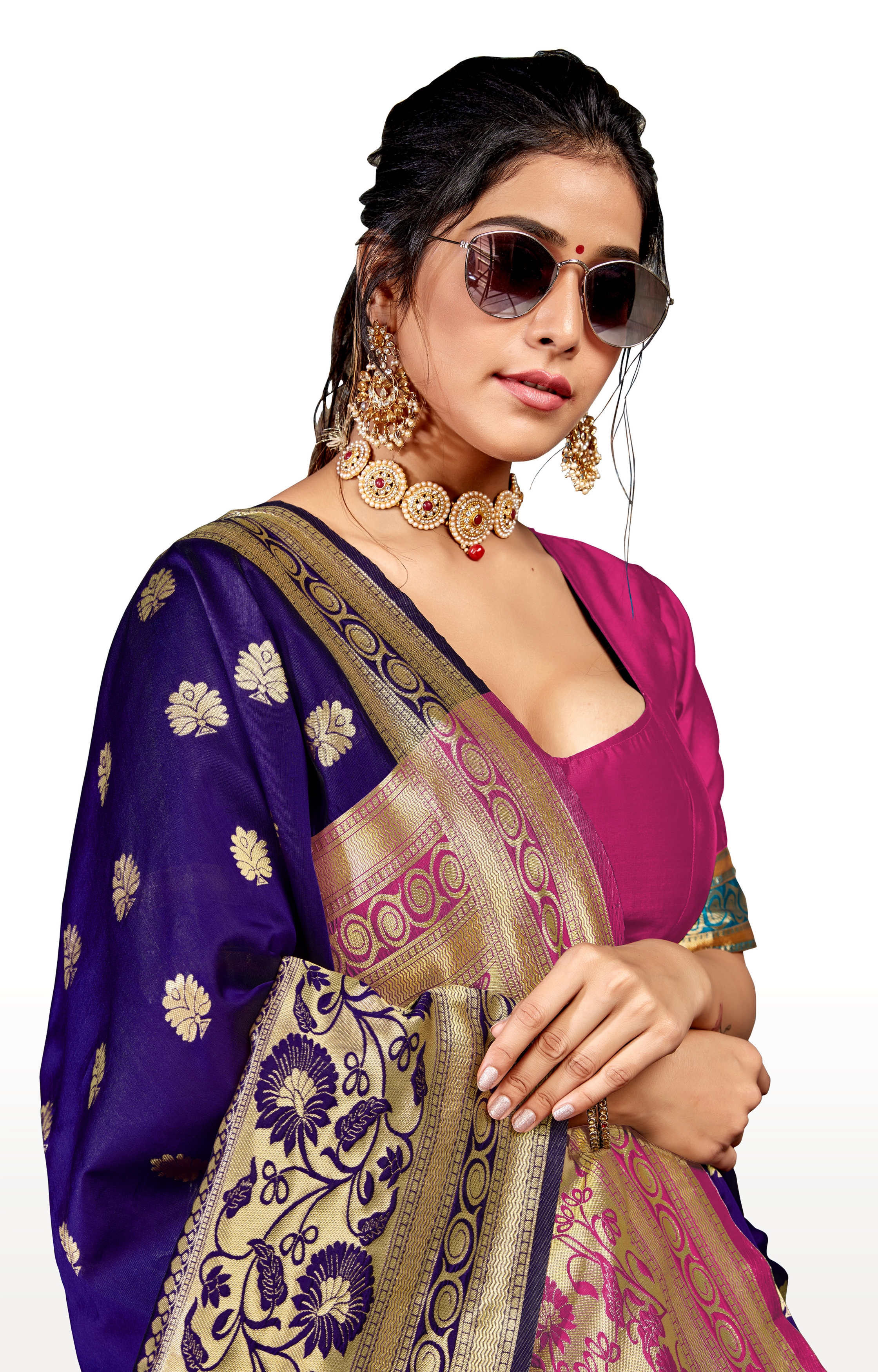 Glemora | Glemora Blue and Pink Lichi Cotton Kalpana Saree With Unstitched Blouse 4