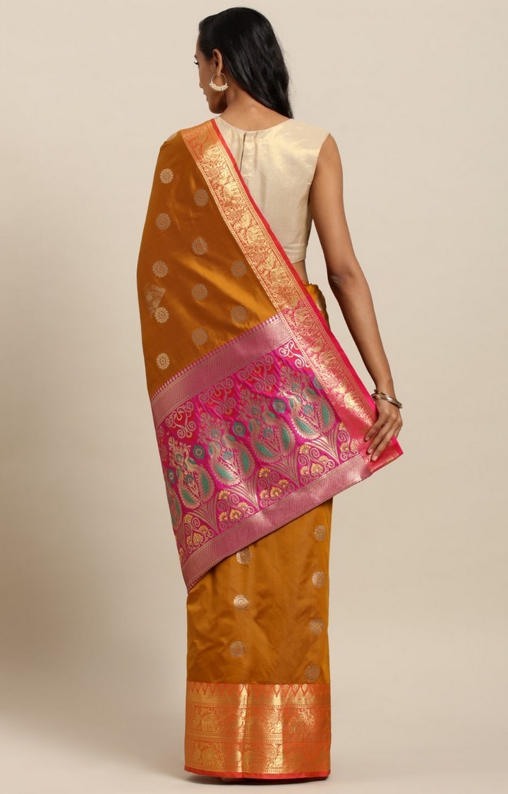 Vastranand | VASTRANAND  Mustard & Gold-Toned Silk Blend Printed Kanjeevaram Saree 1