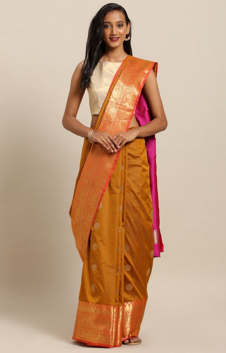 Vastranand | VASTRANAND  Mustard & Gold-Toned Silk Blend Printed Kanjeevaram Saree 0