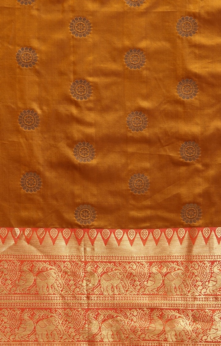 Vastranand | VASTRANAND  Mustard & Gold-Toned Silk Blend Printed Kanjeevaram Saree 3