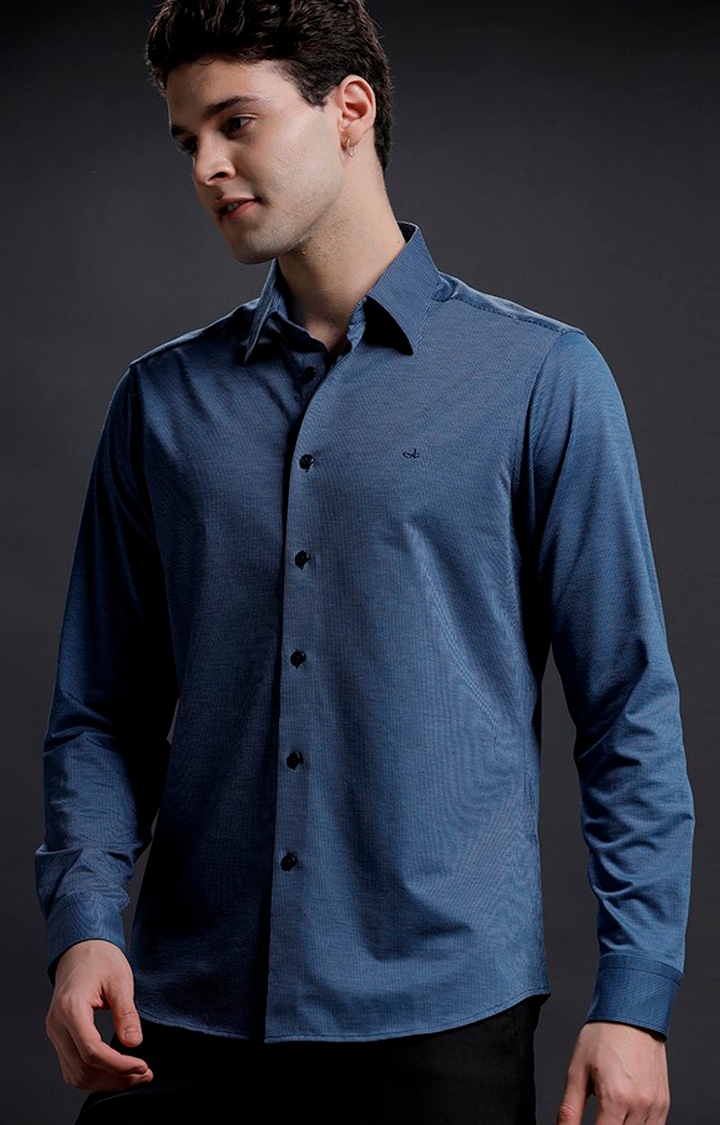 Men's Navy Cotton Textured Casual Shirt