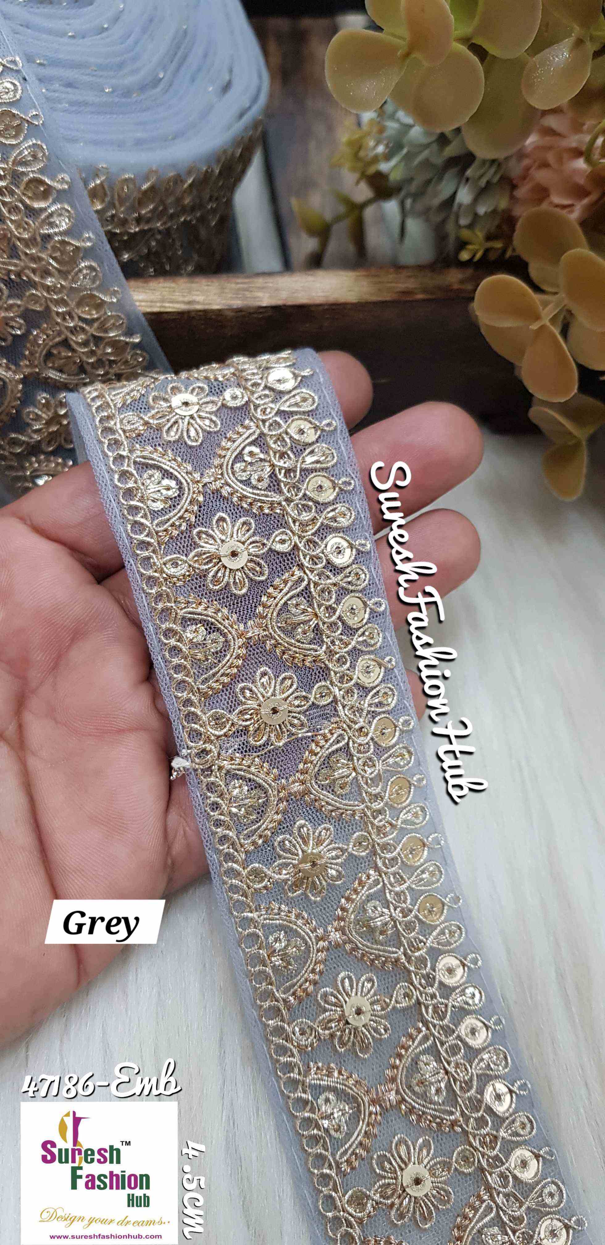 Grey Floral Pearl Embroidery Lace