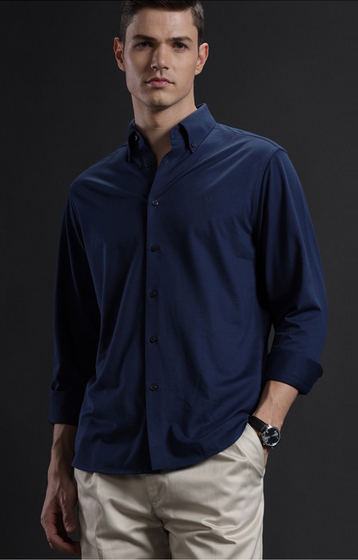 Men's Navy Cotton Solid Casual Shirt