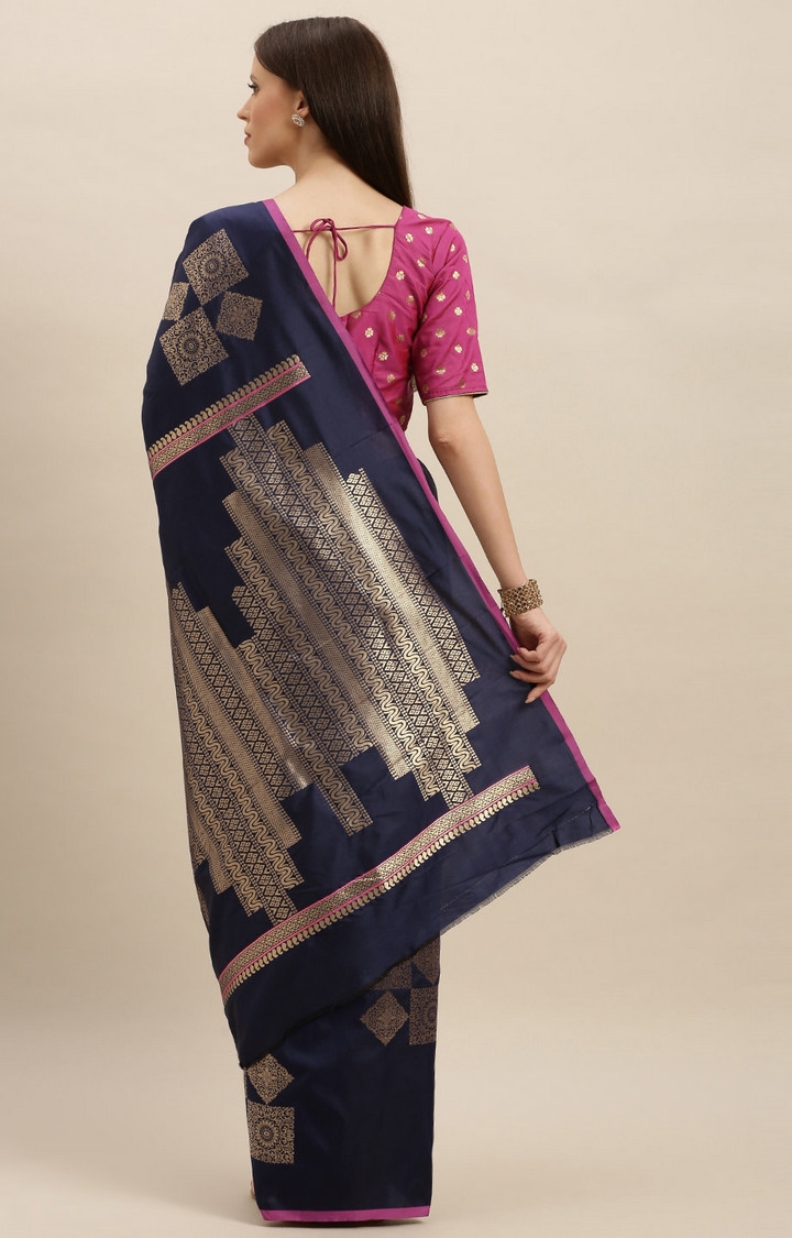 Vastranand | VASTRANAND  Navy Blue & Gold-Toned Silk Blend Woven Design Kanjeevaram Saree 1