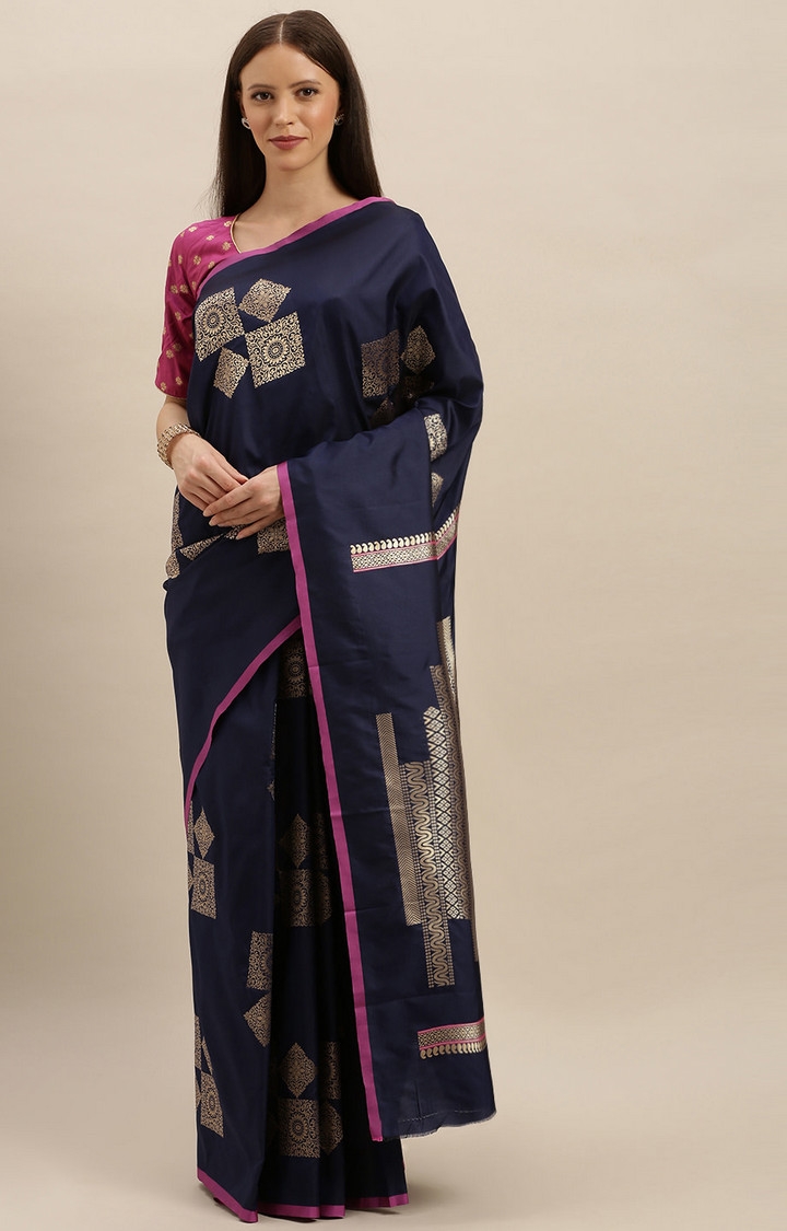 Vastranand | VASTRANAND  Navy Blue & Gold-Toned Silk Blend Woven Design Kanjeevaram Saree 0