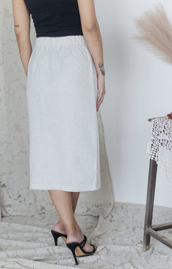 Women's White Linen Melange Straight Skirt