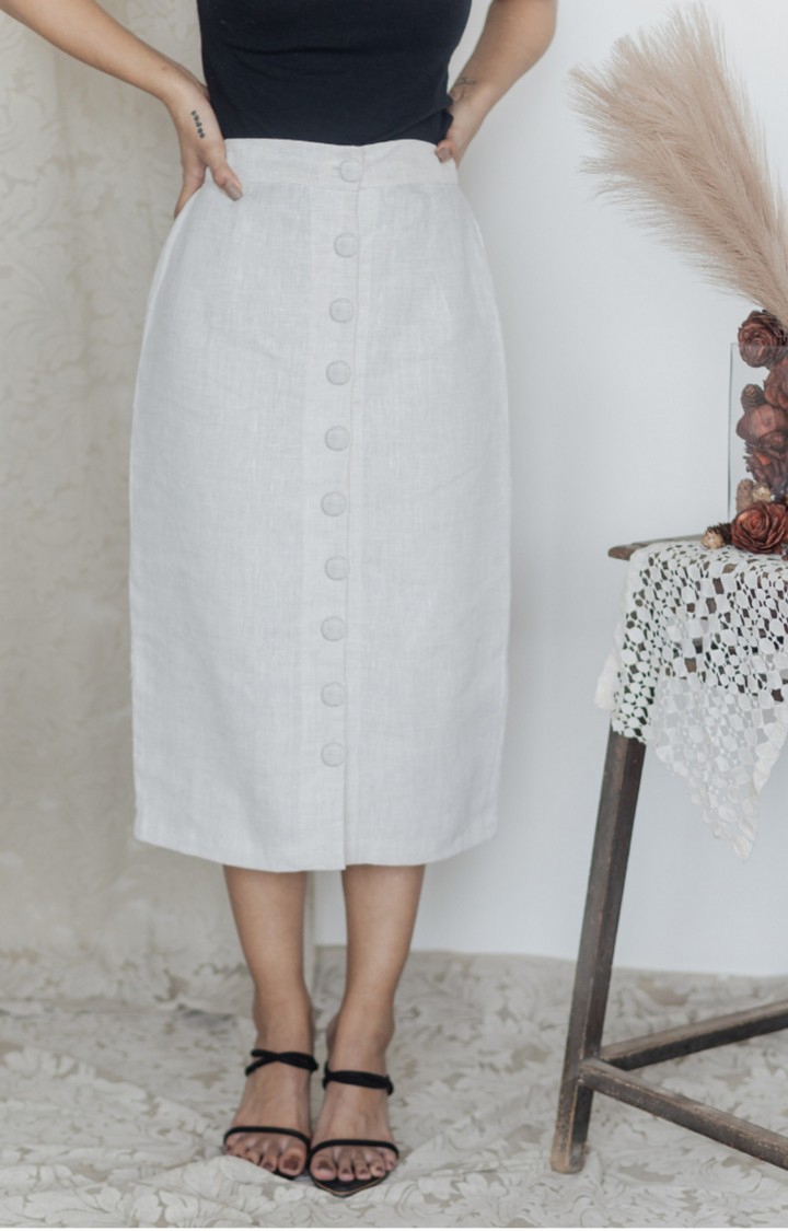 Women's White Linen Melange Straight Skirt