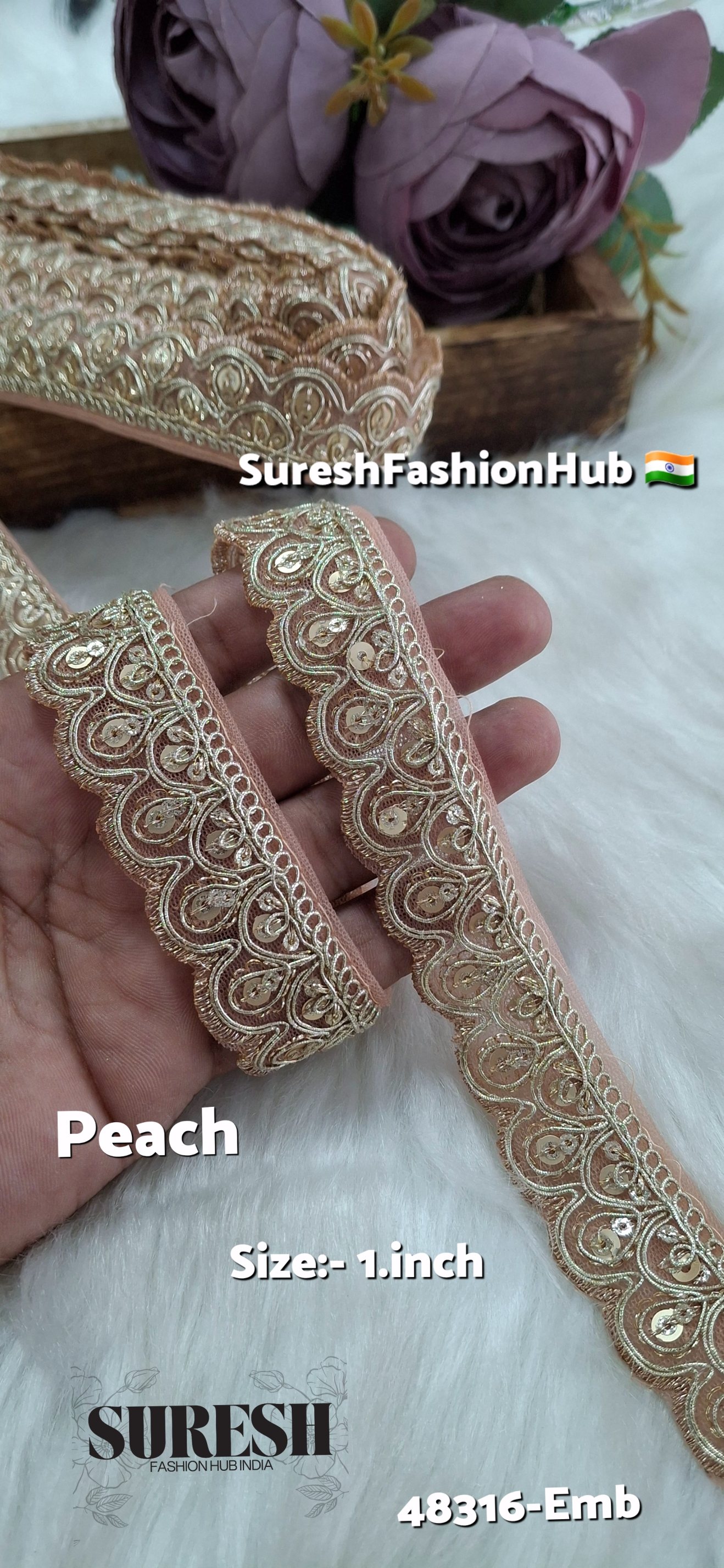 Peach Pearl Dori One Side Scallop Embroidery Lace