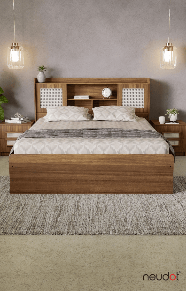 Sakura Rattan Box & Headboard Storage Bed - Queen, Leon Teak Finish