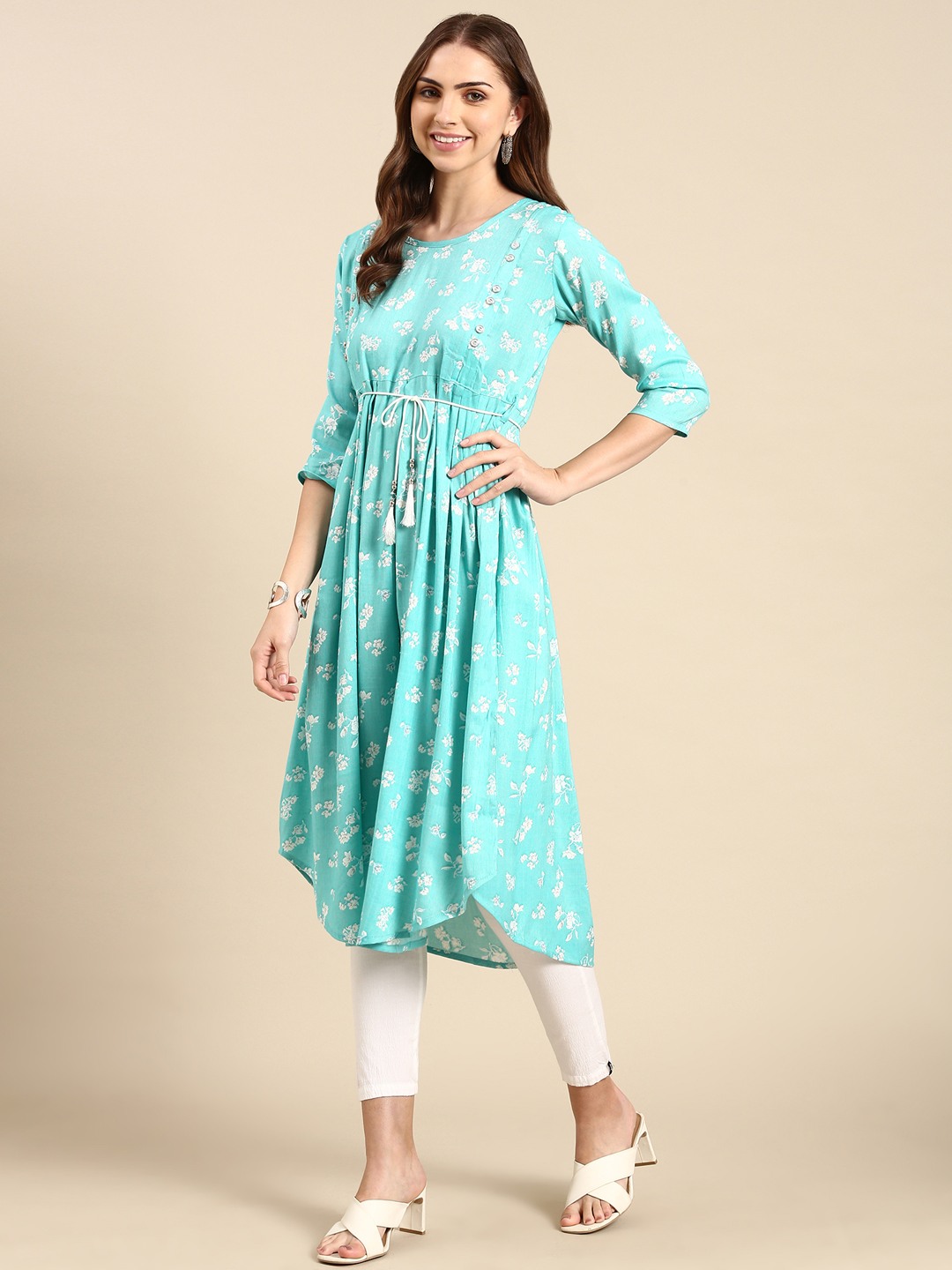 SHOWOFF Women's Mid Length Floral Anarkali Turquoise Blue Kurta