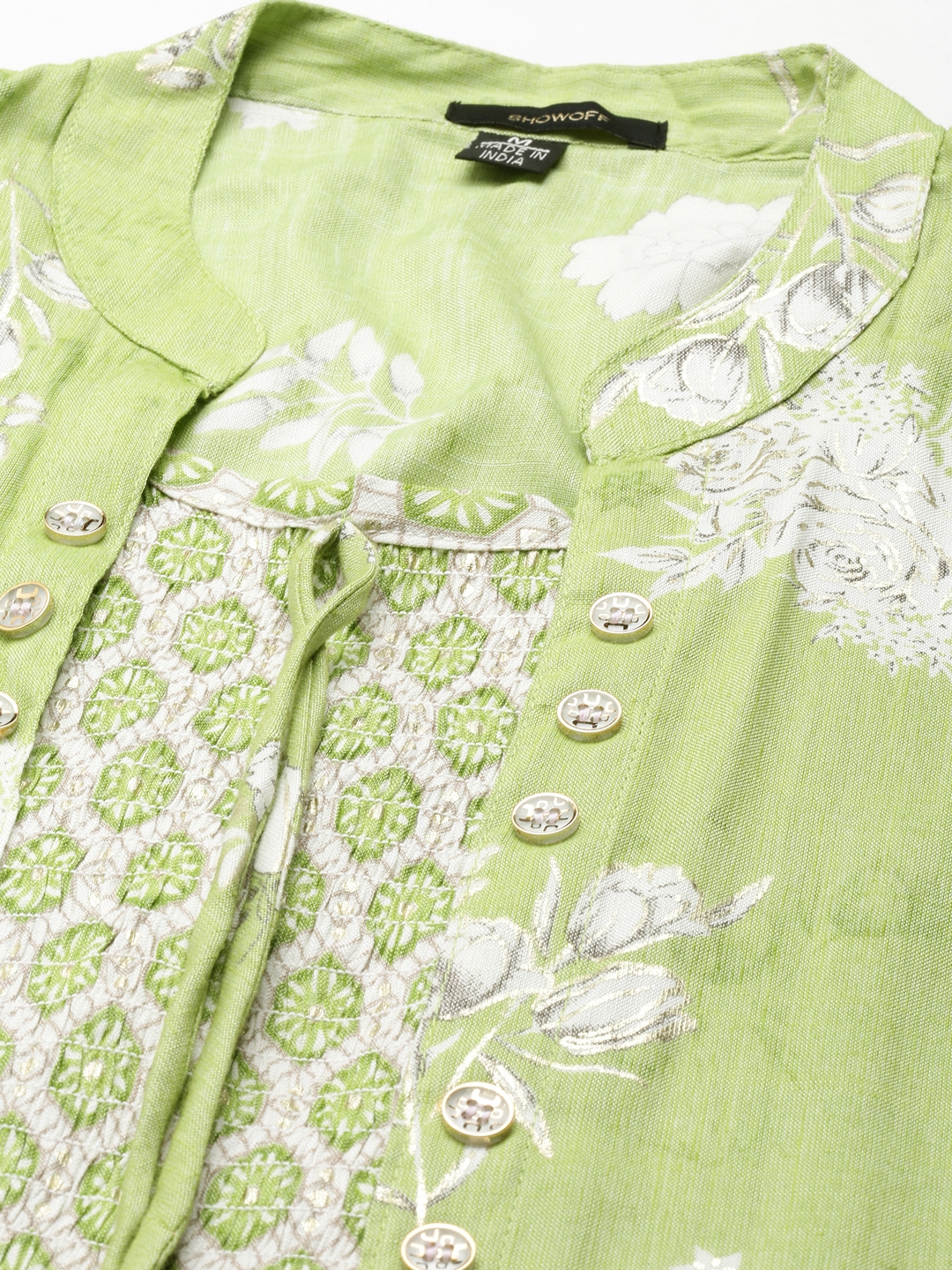 Showoff | SHOWOFF Women's Mandarin Collar Ethnic Motifs Green Anarkali Kurta 2