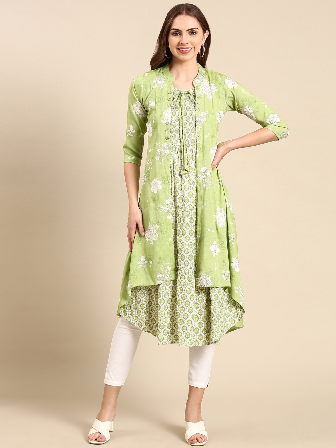 Showoff | SHOWOFF Women's Mandarin Collar Ethnic Motifs Green Anarkali Kurta 1