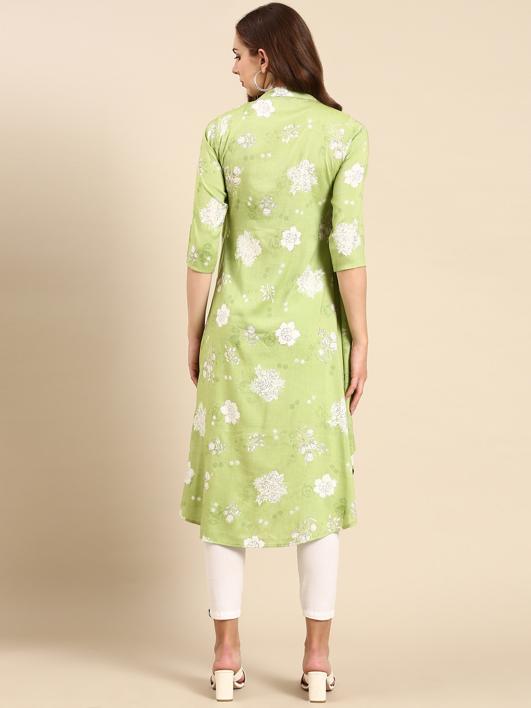 Showoff | SHOWOFF Women's Mandarin Collar Ethnic Motifs Green Anarkali Kurta 4