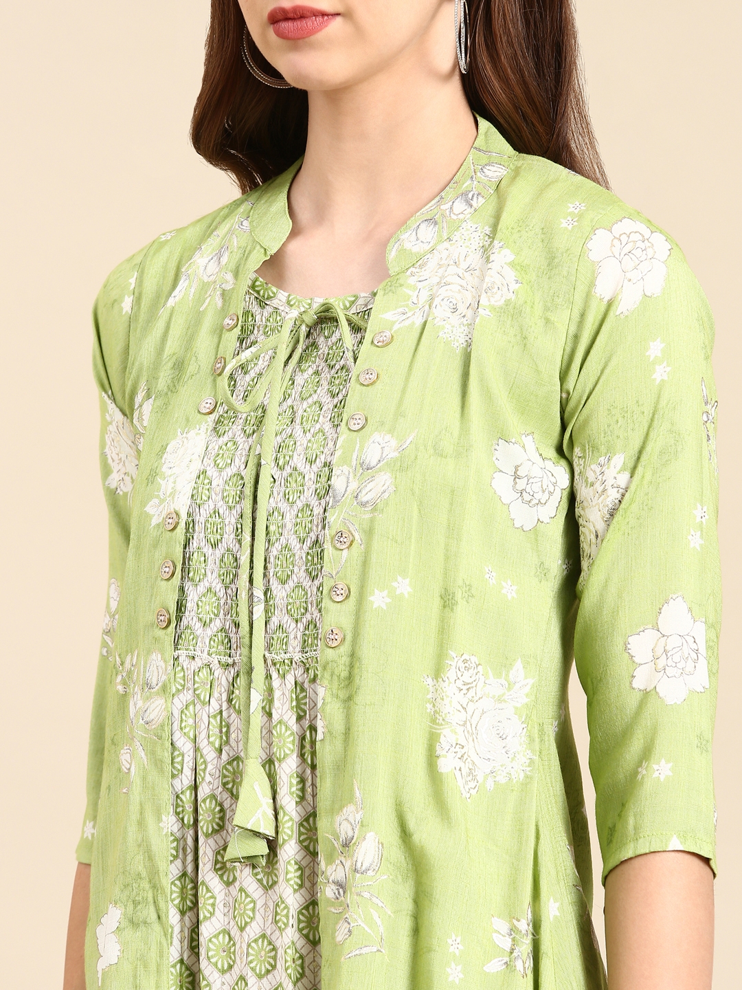 Showoff | SHOWOFF Women's Mandarin Collar Ethnic Motifs Green Anarkali Kurta 6