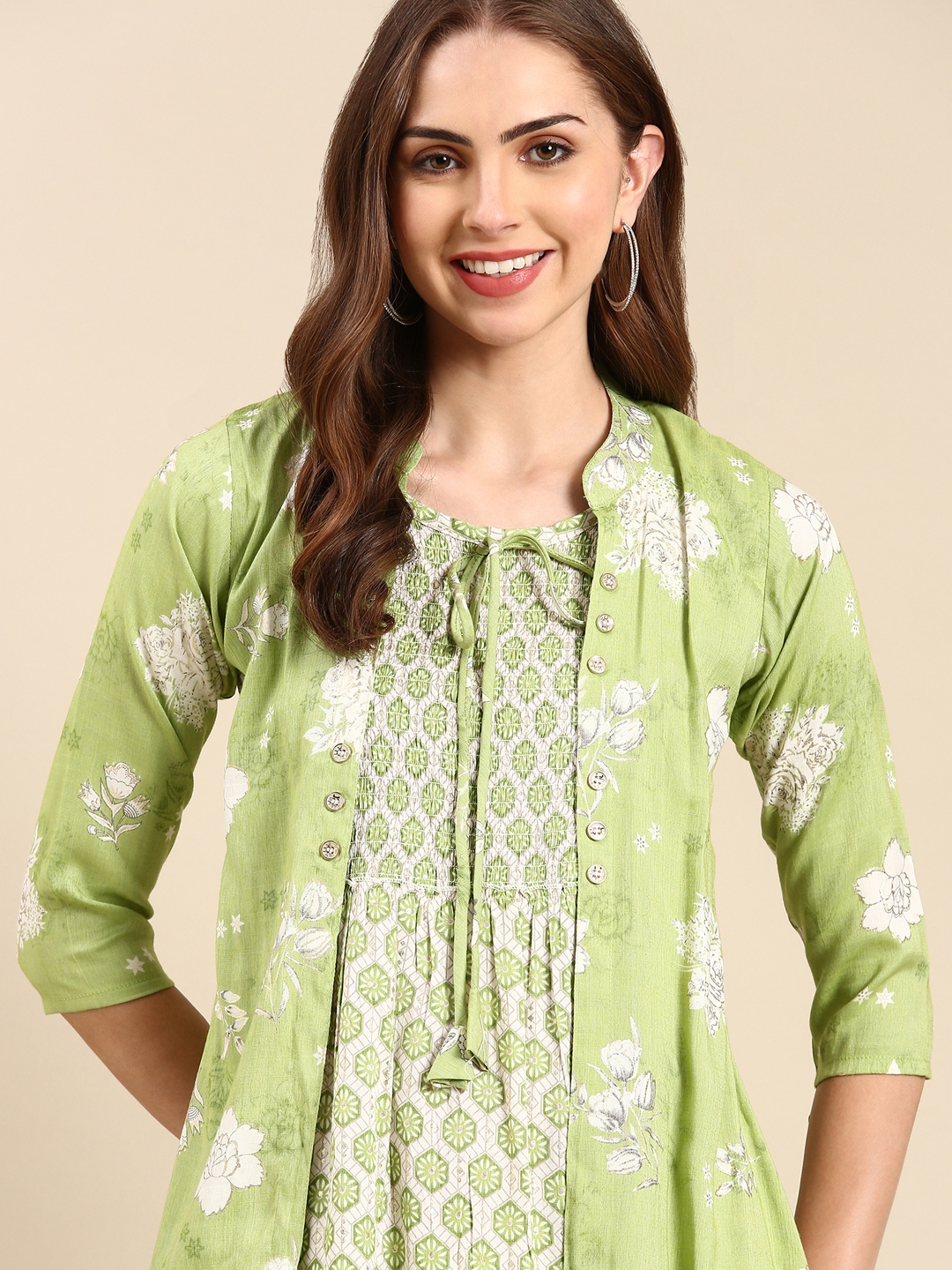 Showoff | SHOWOFF Women's Mandarin Collar Ethnic Motifs Green Anarkali Kurta 0