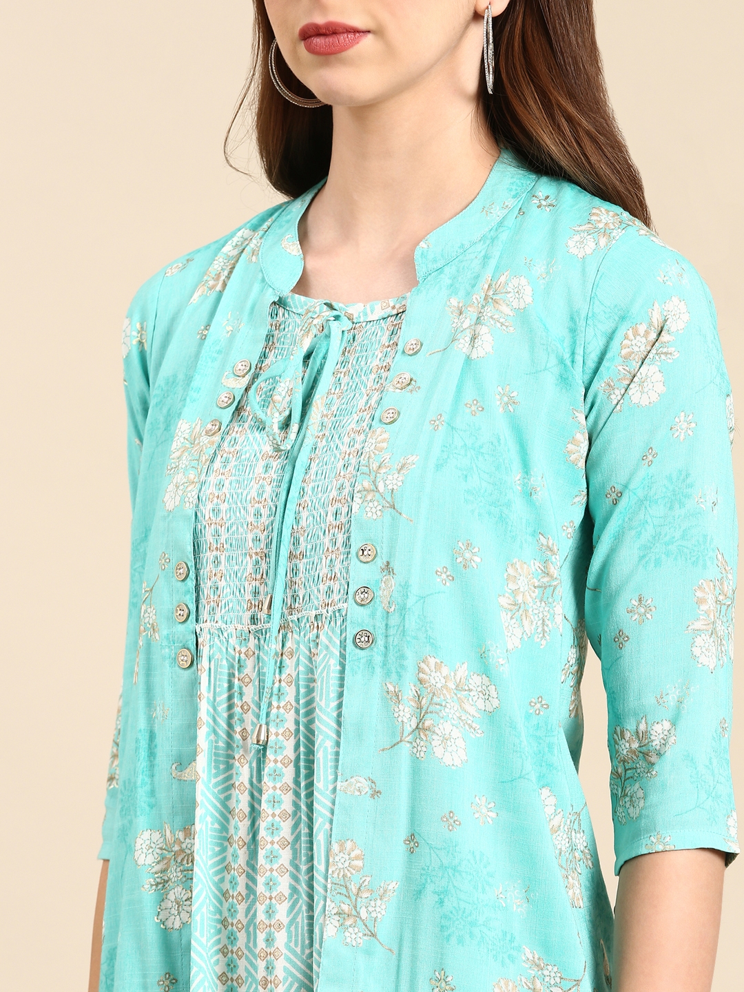 Showoff | SHOWOFF Women's Mandarin Collar Ethnic Motifs Turquoise Blue Anarkali Kurta 6