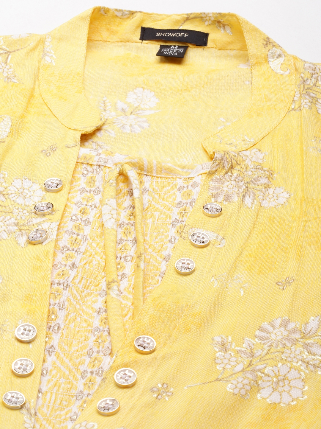 Showoff | SHOWOFF Women's Mandarin Collar Ethnic Motifs Yellow Anarkali Kurta 2