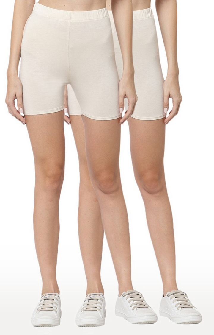 YOONOY | Women's Cream Lycra Solid Shorts(Pack of 2)