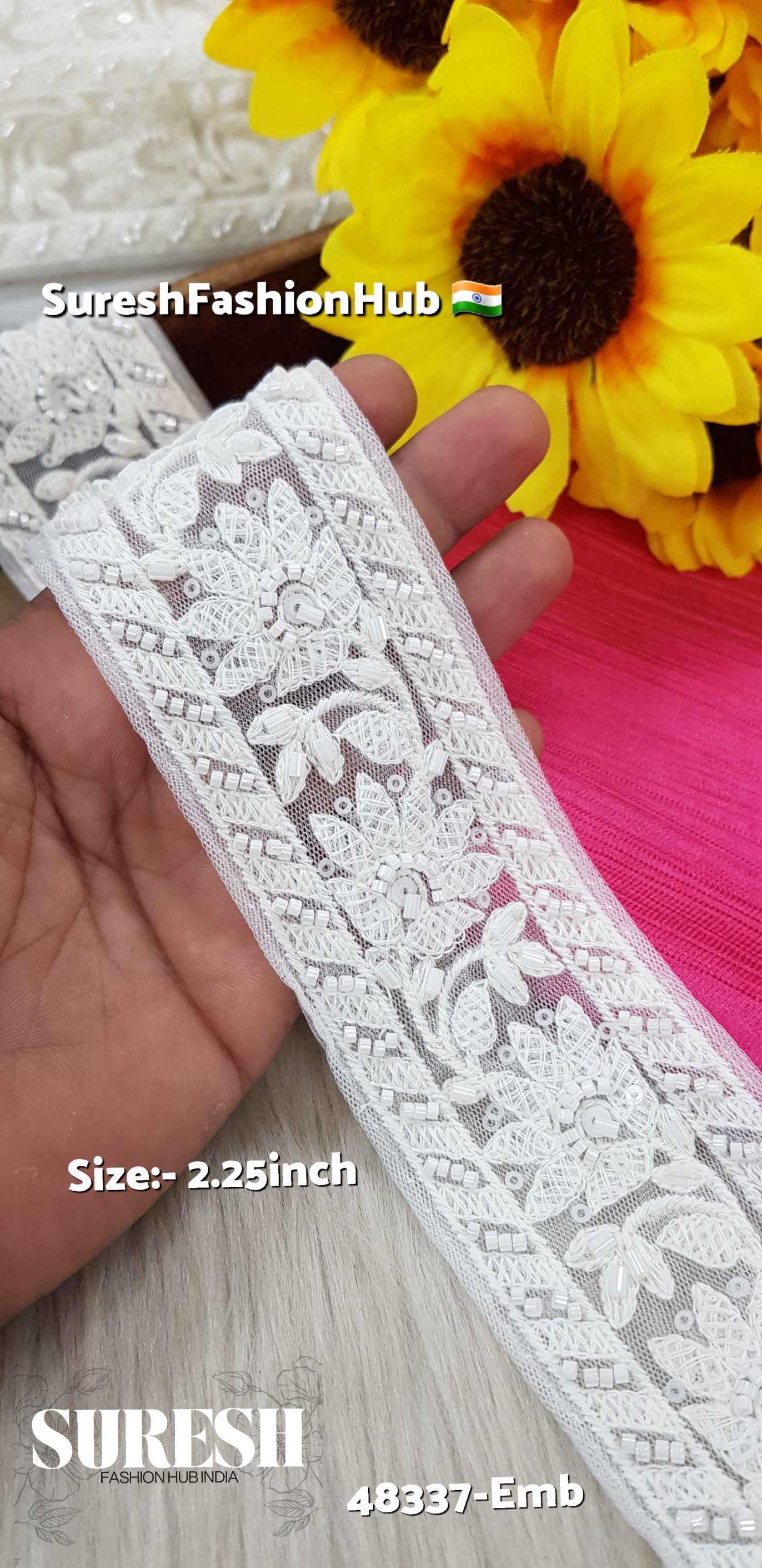 White with Water Work Two-Side Border Lace – 48337-Emb
