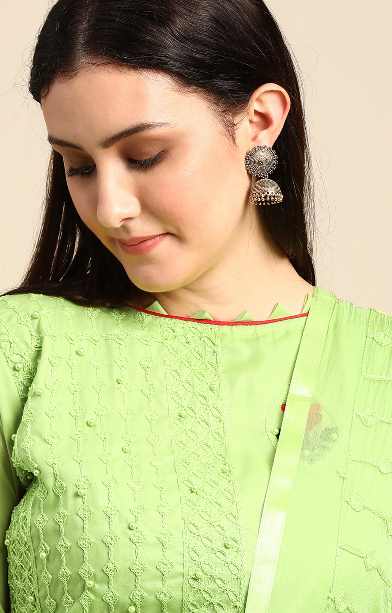 SHAILY RETAILS | Shaily Women Perrot Green Color Cotton Embroidered With Pearl Unstitched Dress Material-VF_BJP_PAGRN_DM 3