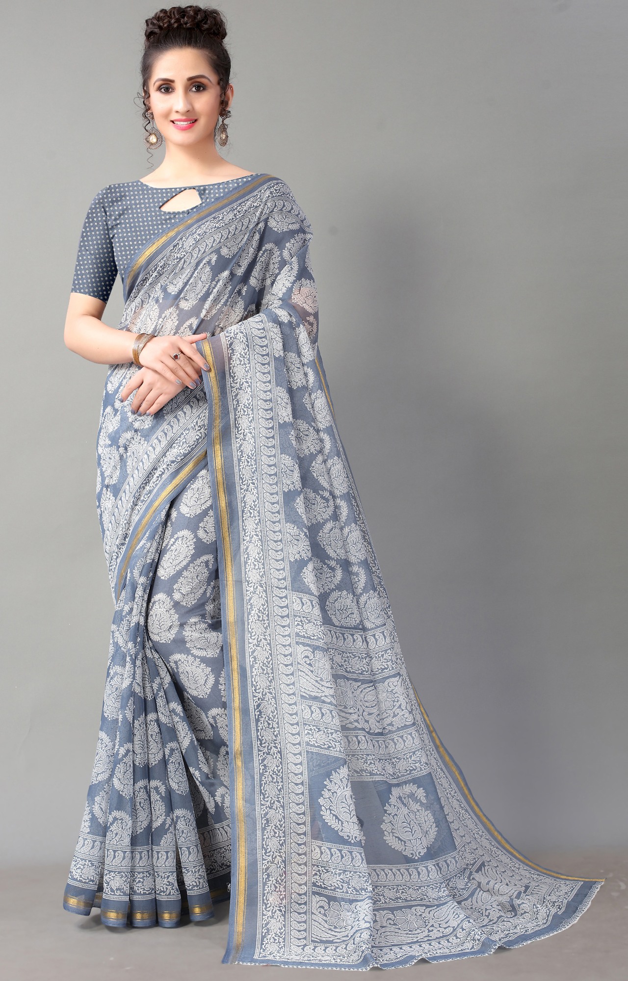 Women Grey Batick Block Print Casual Wear Saree-HAL21CTN00036GREY