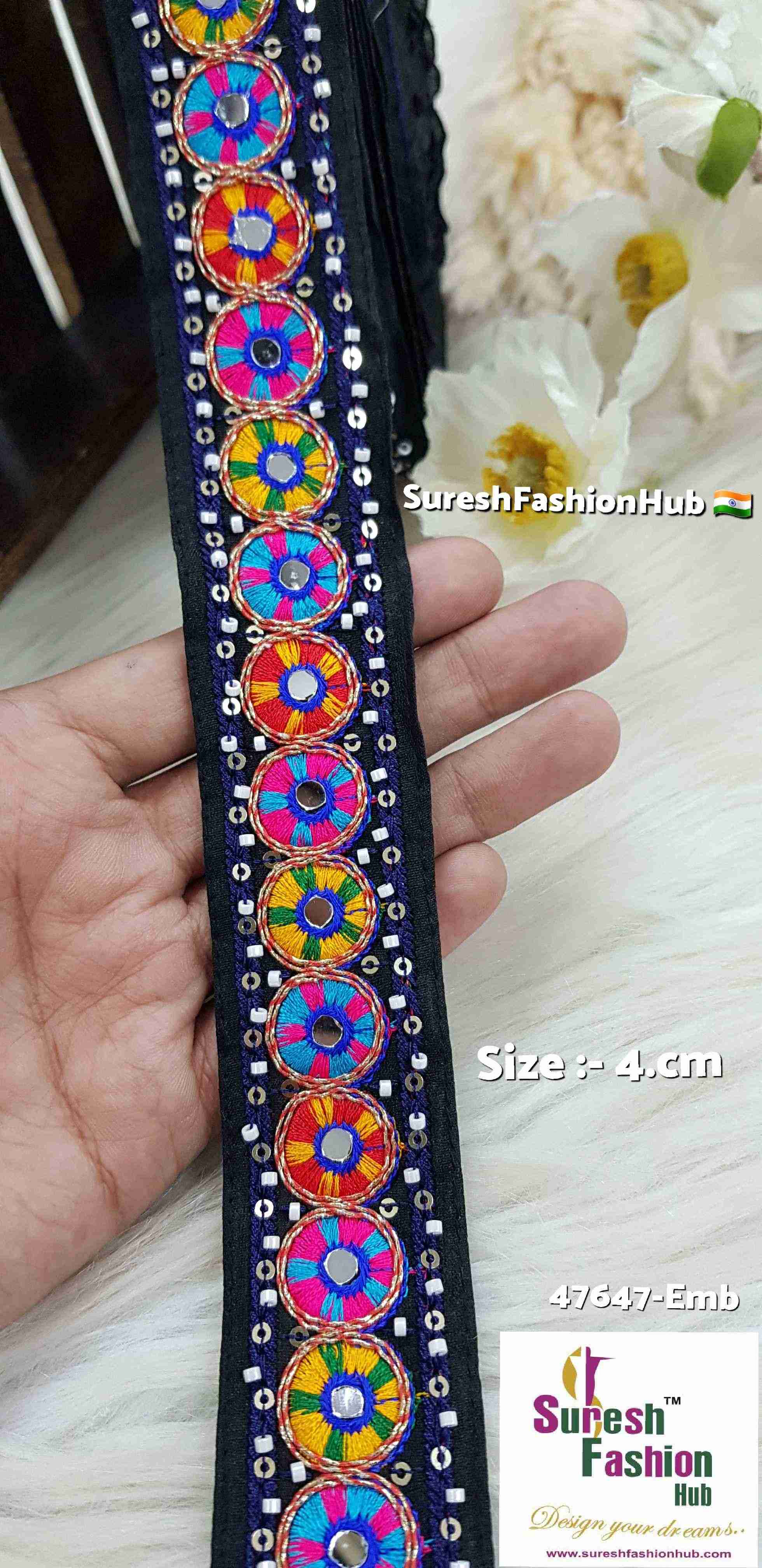  Kutchi Black Mirror and Bead Embroidered Border Kutchi Black Mirror and Bead Embroidered Border